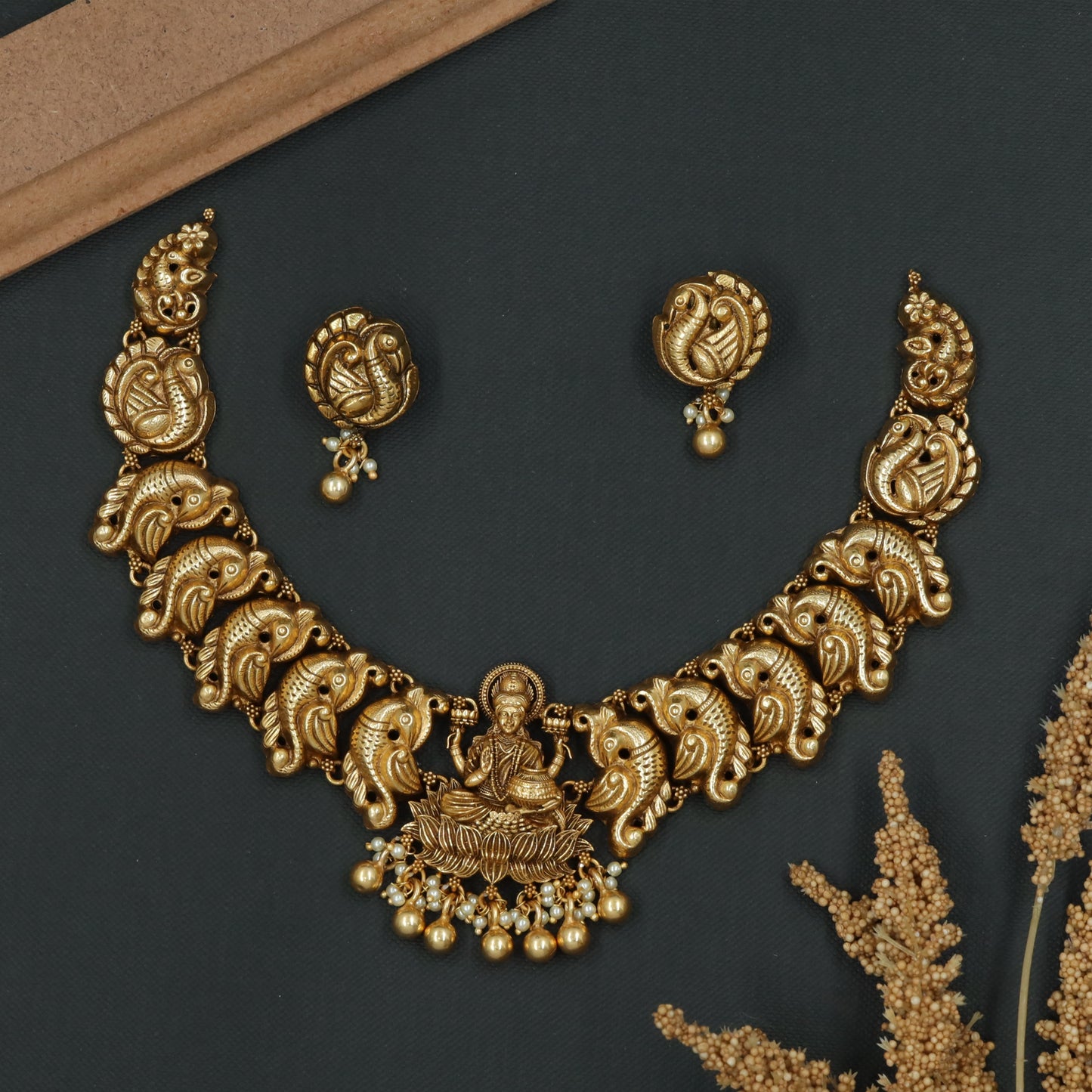 Lakshmi Figure Pendant with Peacock Links and Drop Hangings Silver Necklace