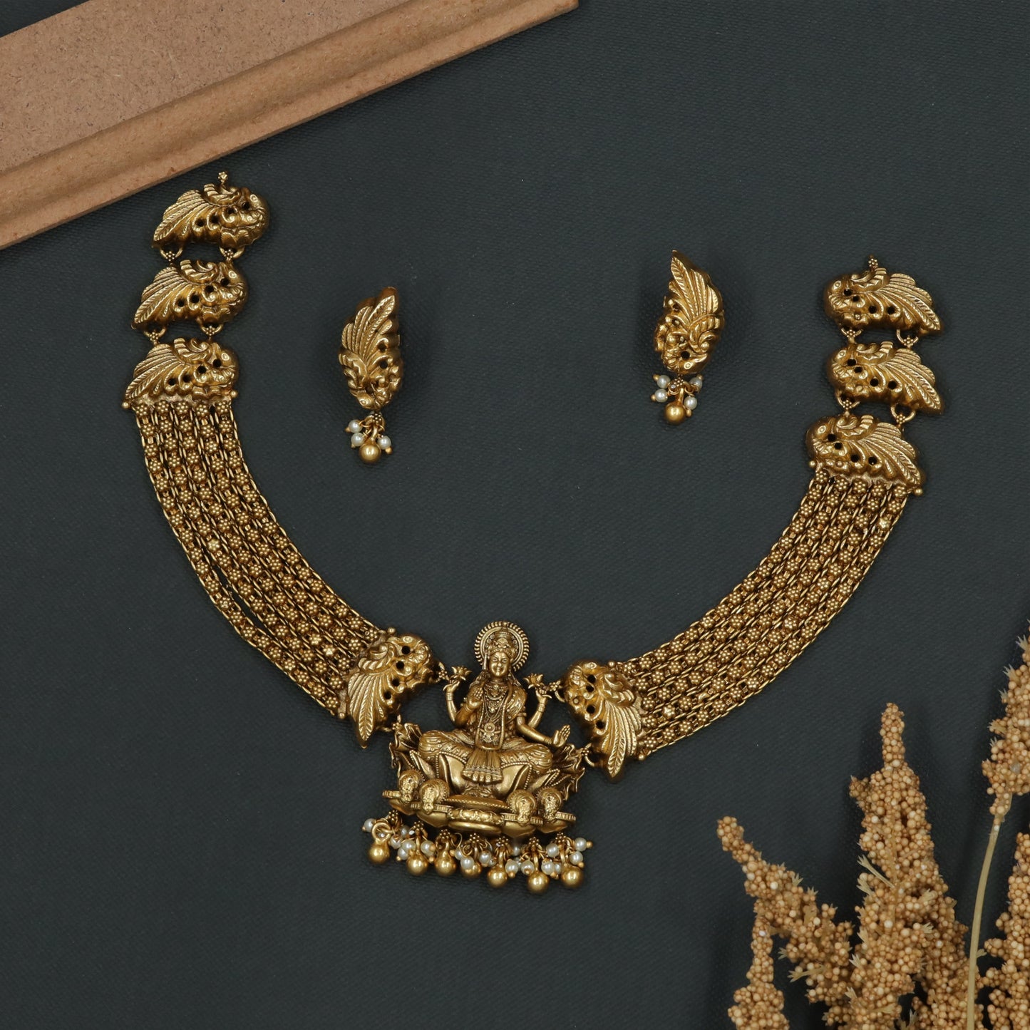 Lakshmi Figure Pendant with Peacock Links and Bead Hangings Silver Necklace