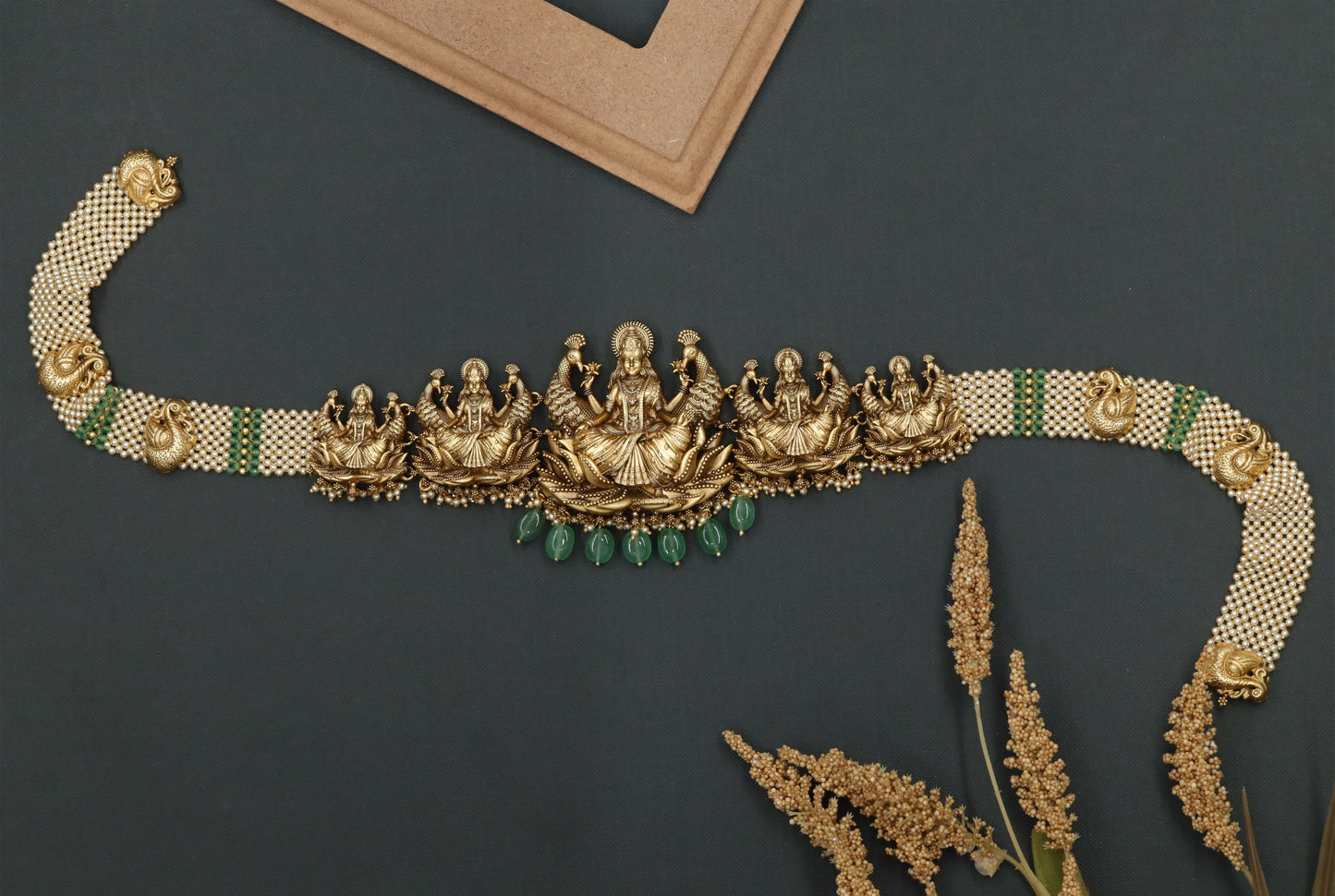 Multi Lakshmi Centre Panel Peacock Pearl Link Silver Waist Belt