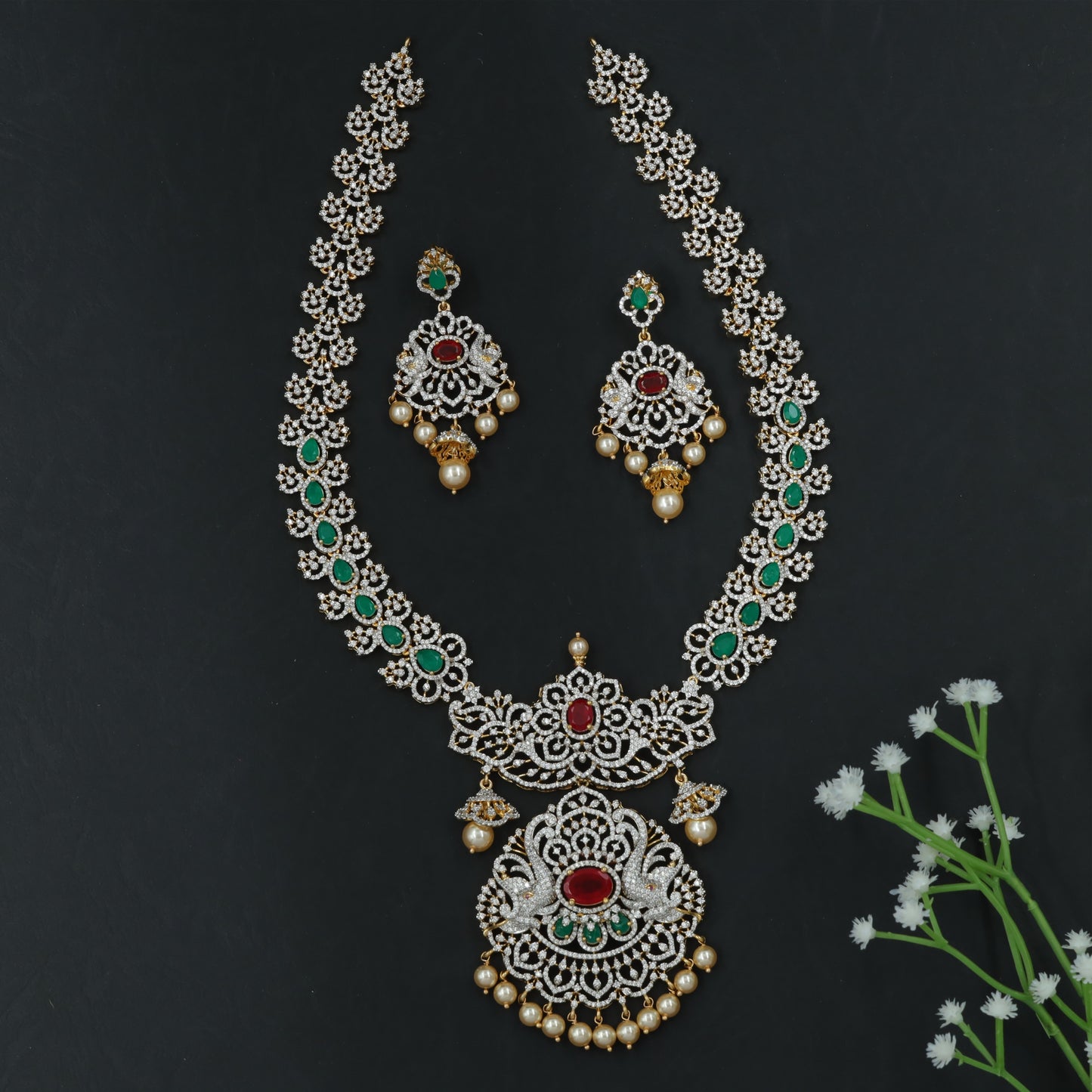 Statement Long Haara with Dense Floral Links and Hanging Pendant