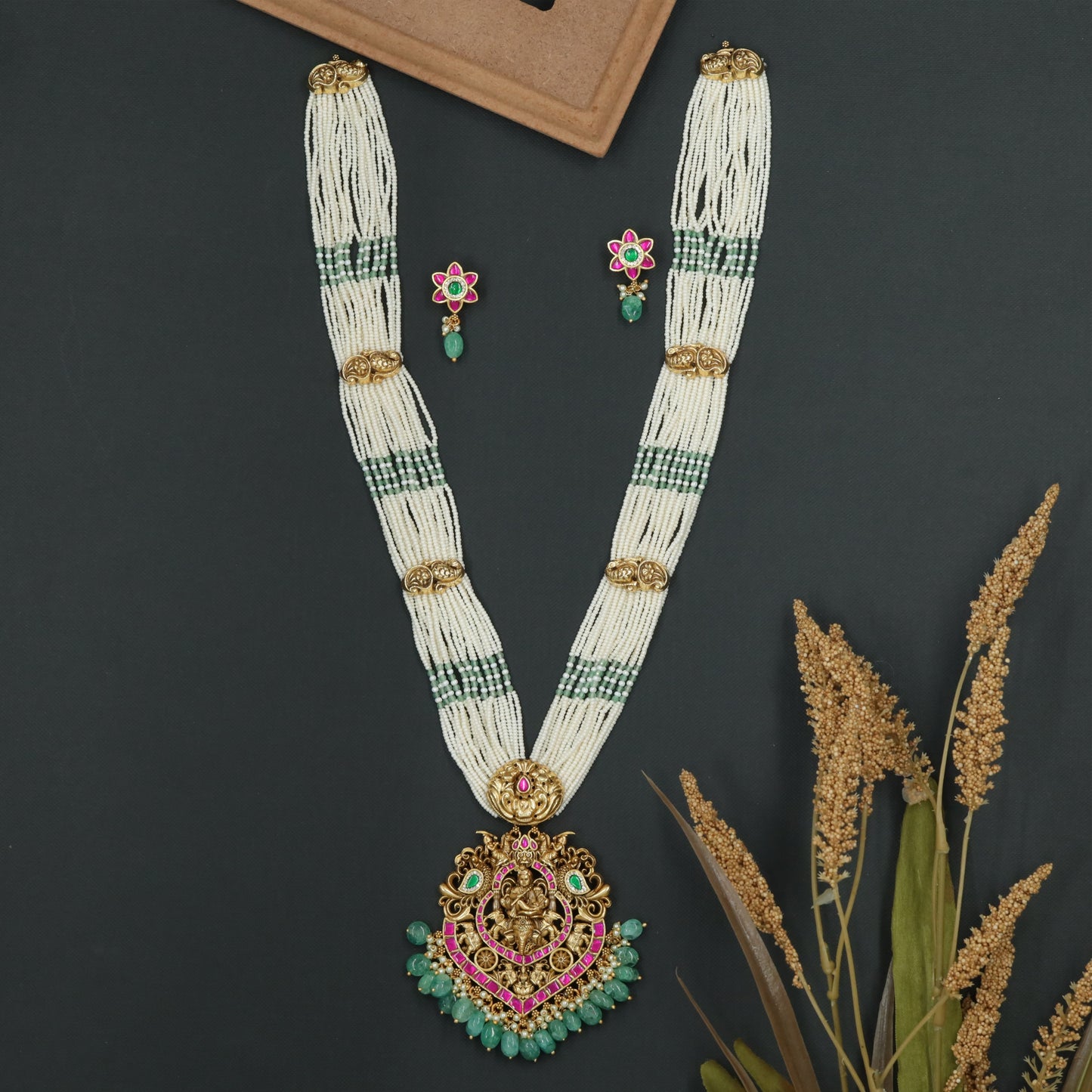 Temple Ganesha Krishna Lakshmi Long Haara with Devotional Presence