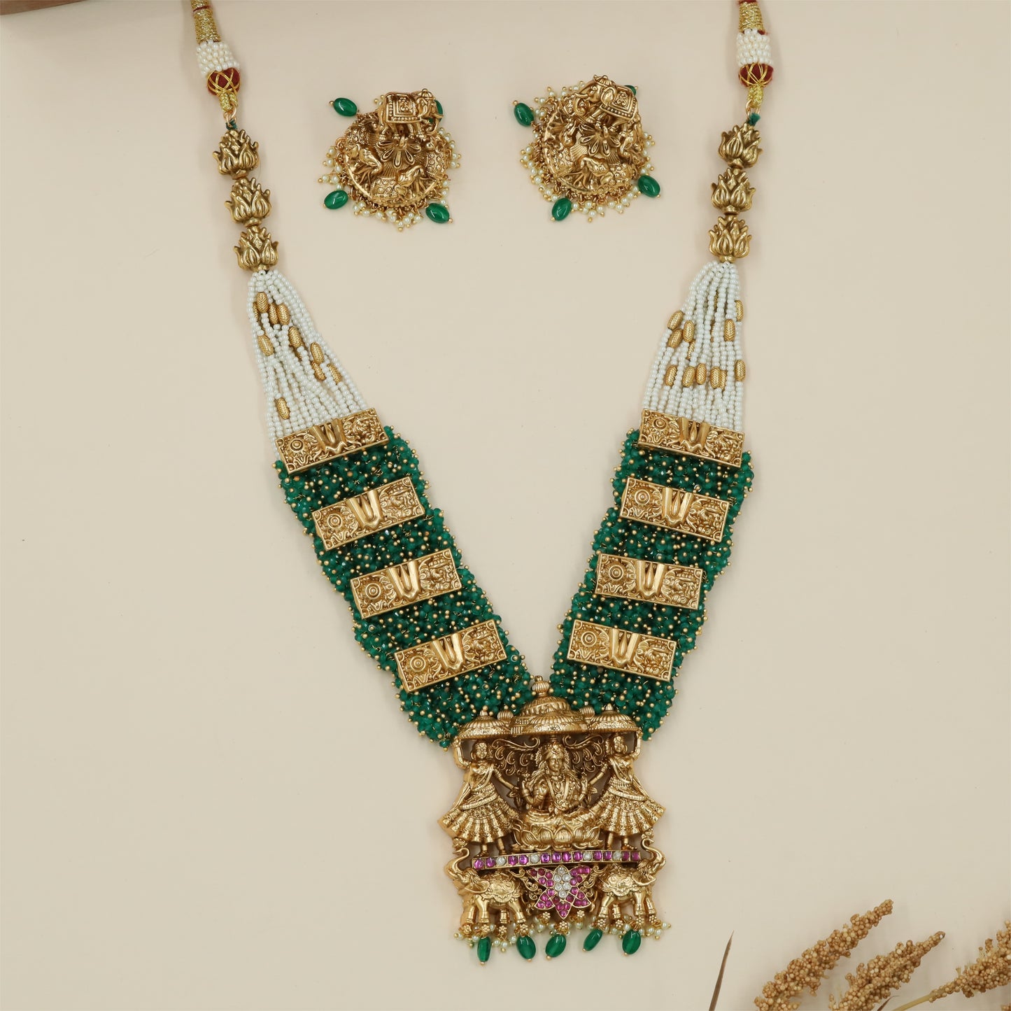Radhe Krishna Antique Beads Long Haara with Structured Connector Panels and Temple Borders