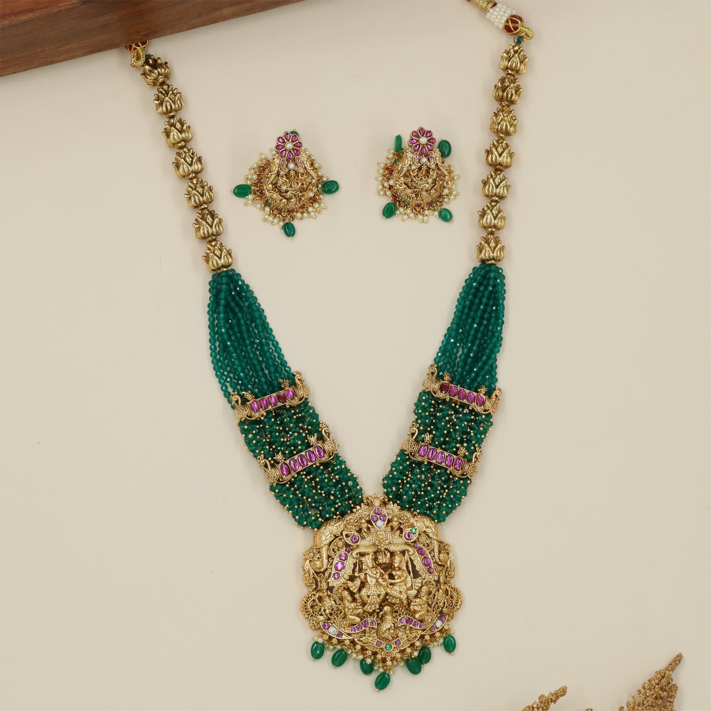 Temple Radha Krishna Antique Beads Long Haara with Lotus Link Chain and Grand Pendant Detailing