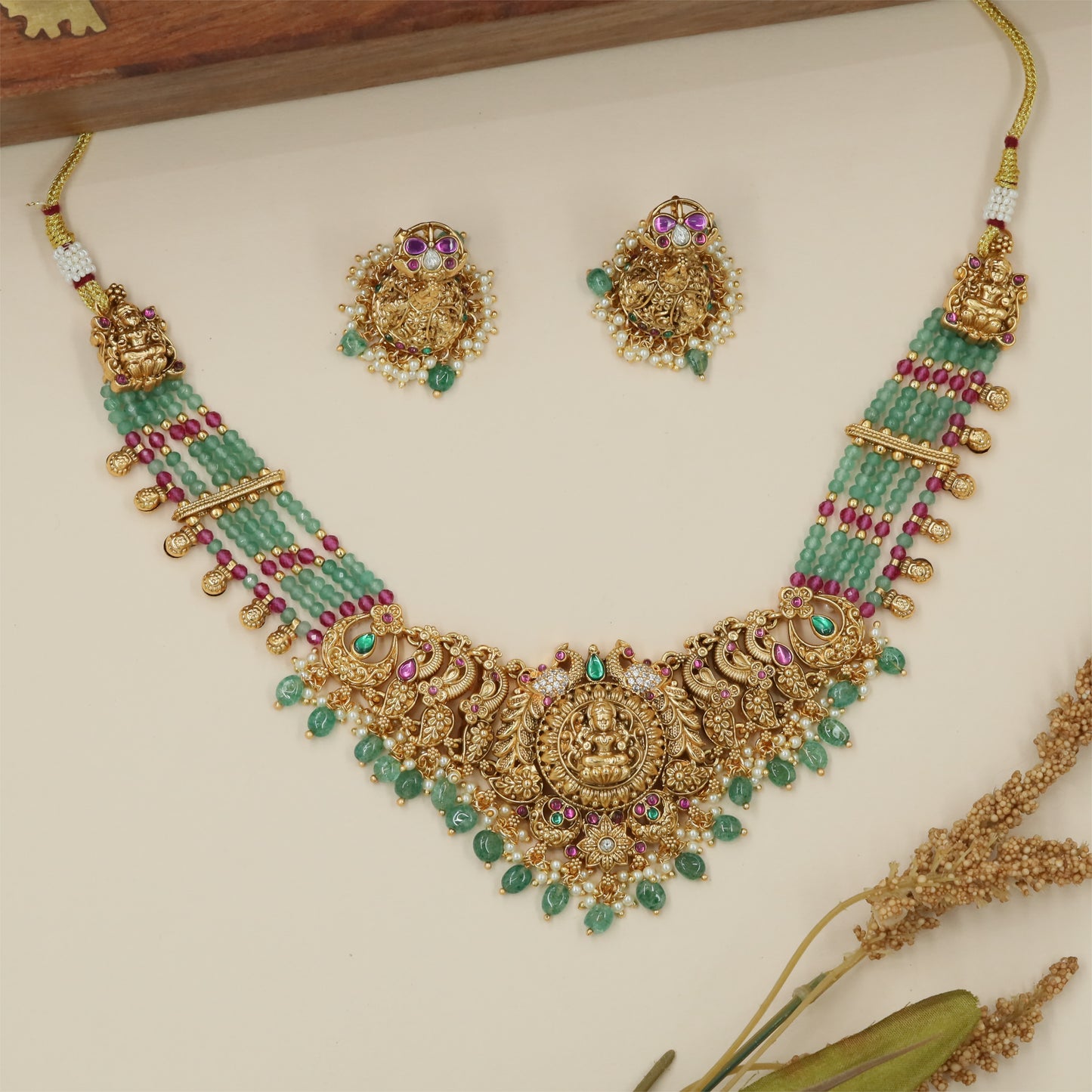 Premium Temple Beads Necklace with Lakshmi Centerpiece and Floral Surface Texture