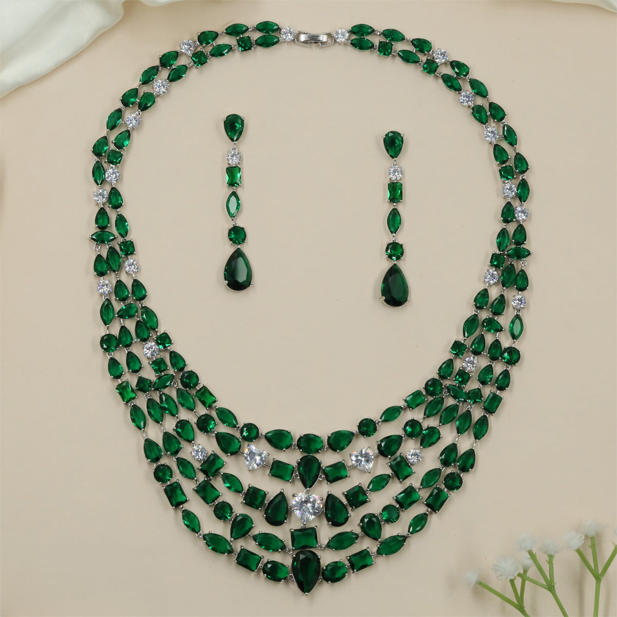 Floral Cluster Rhodium Necklace with Graduated Drop Detailing