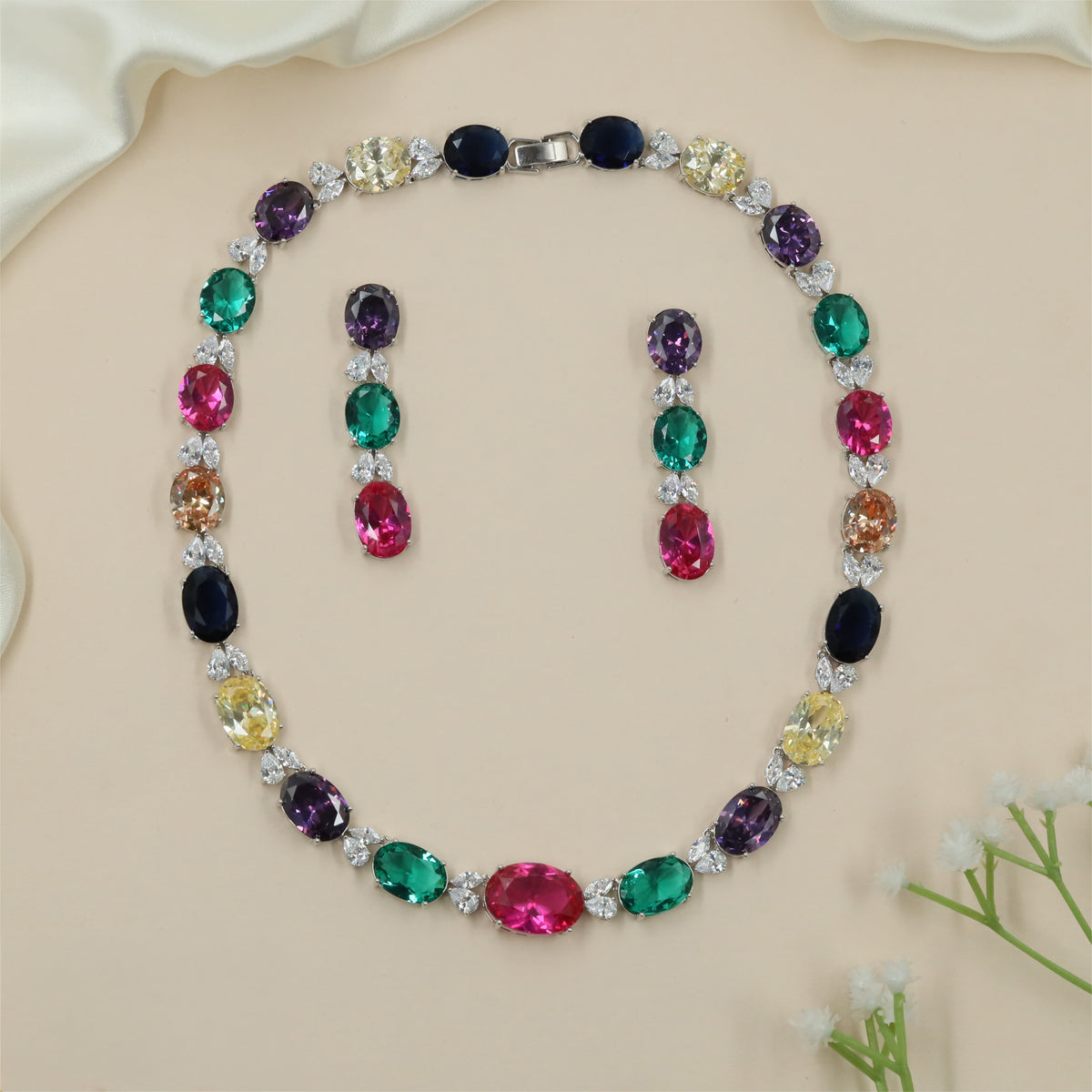 Multicolour Oval Rhodium Necklace with Refined Symmetry
