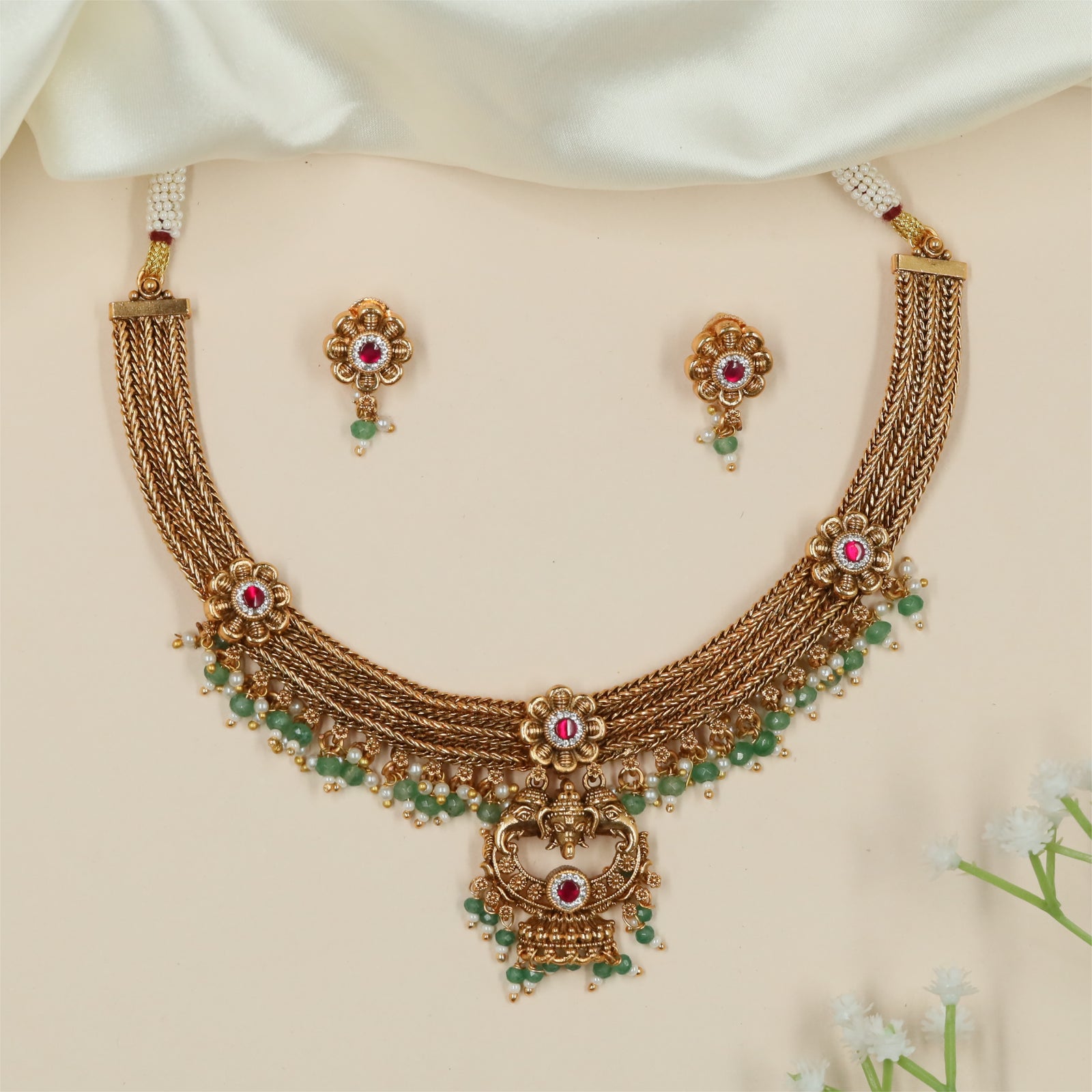 Signature Floral Pattern Antique Necklace with Hanging Ball Styling