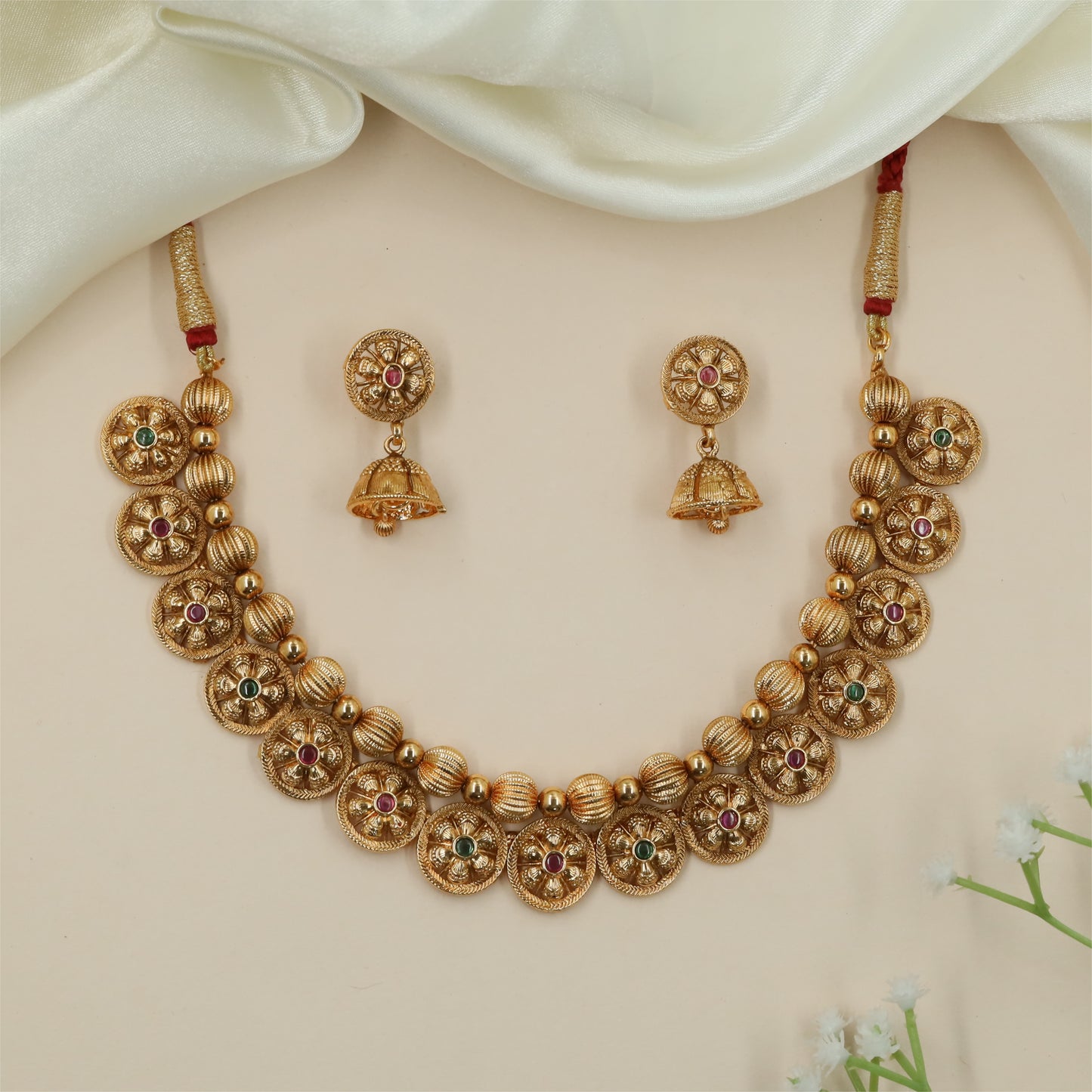 Signature Ribbed Bead Antique Necklace with Floral Pattern Work