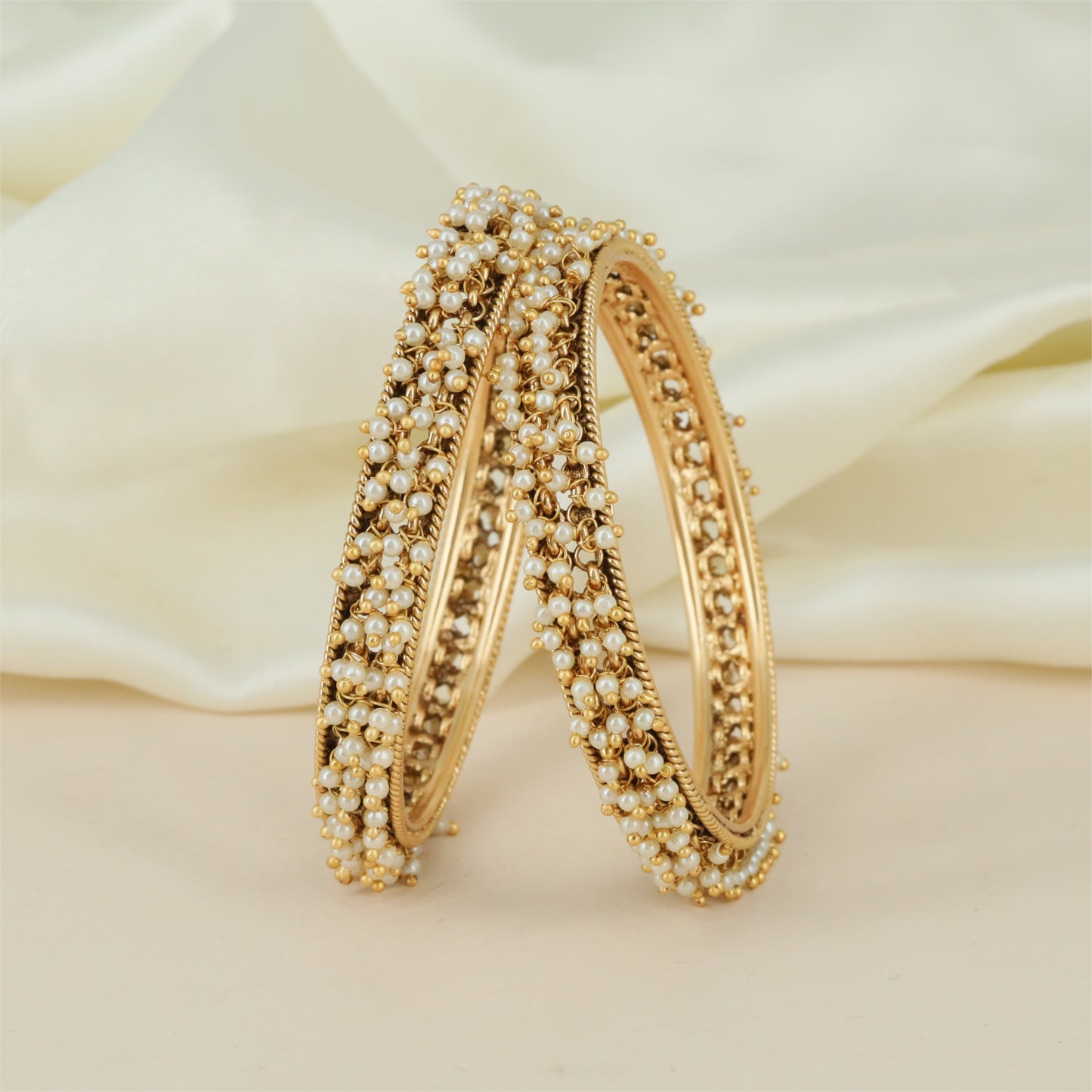Royal Pearl Antique Bangles with Clustered Bead Rows and Rope Border Detailing