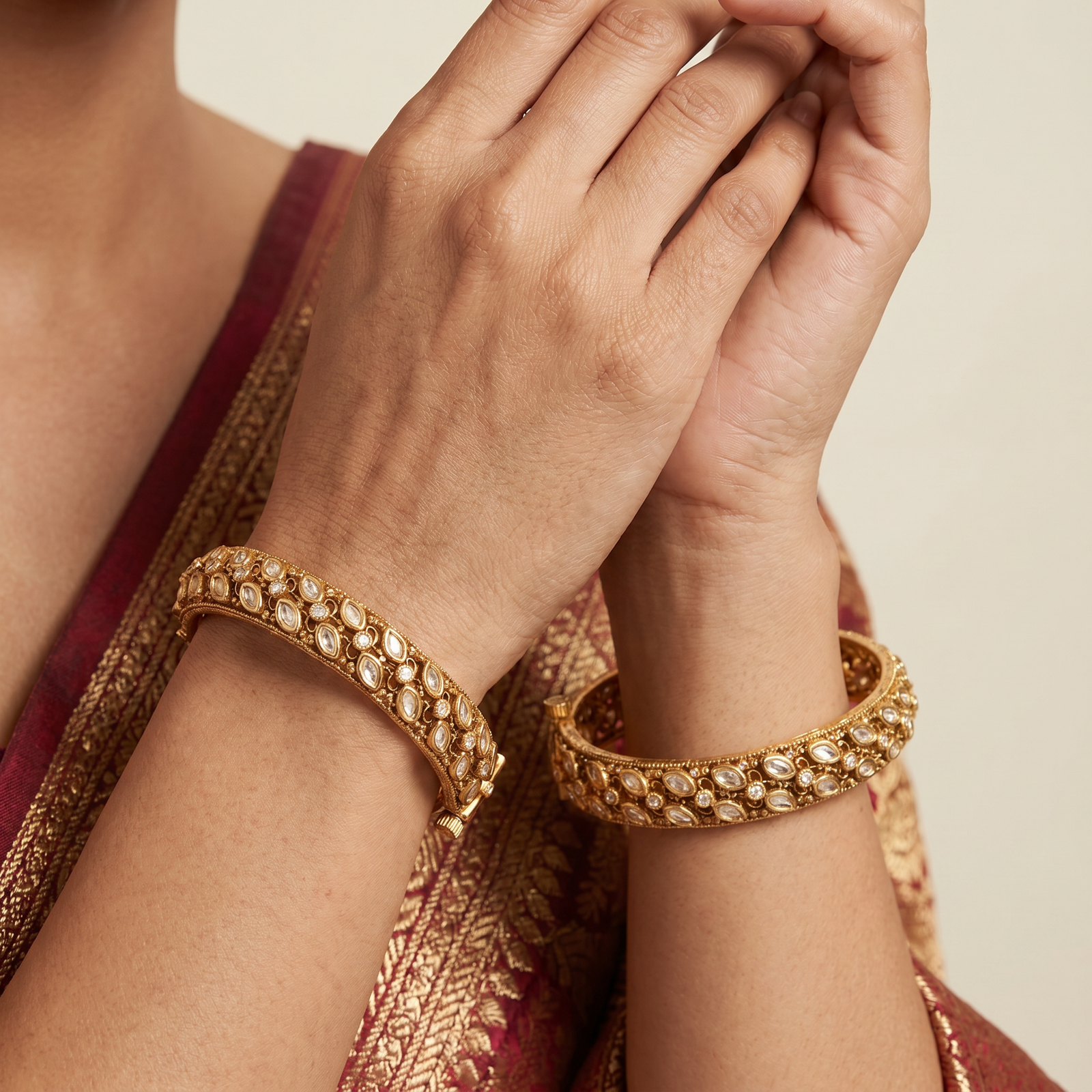 Beaded Curve Antique Bangles with Structured Floral Sections and Border Work