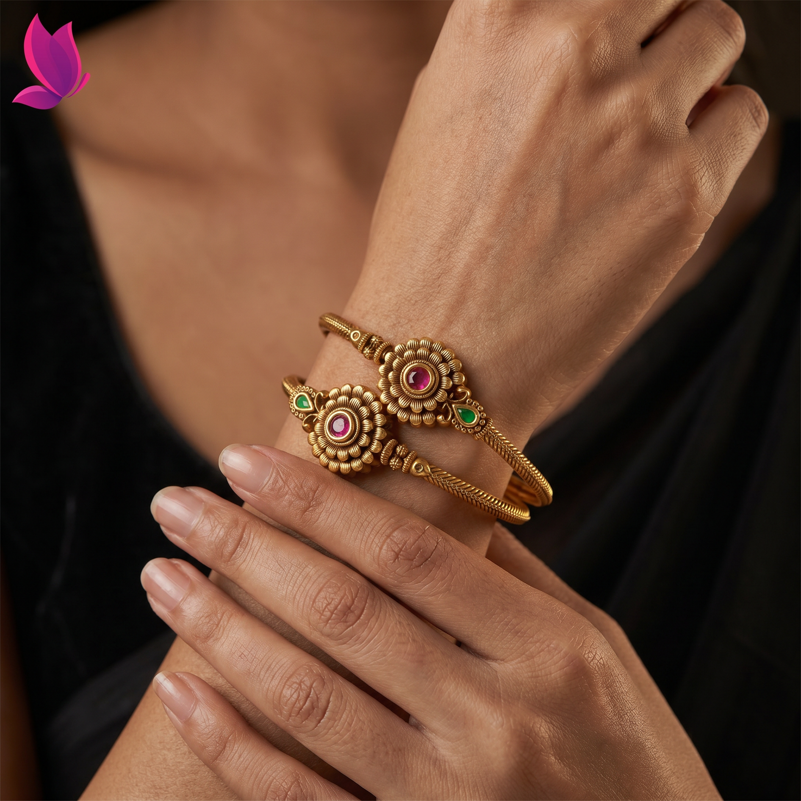 Temple Rope Antique Bangles with Floral Round Frames and Twin Border Detailing