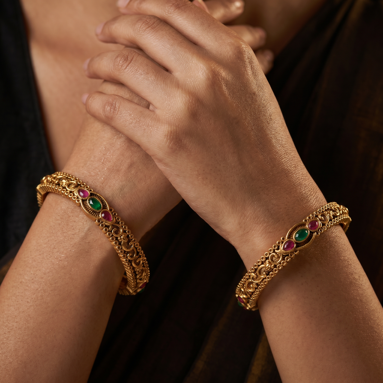 Vine Antique Bangles with Oval Floral Frames and Open Filigree Detailing