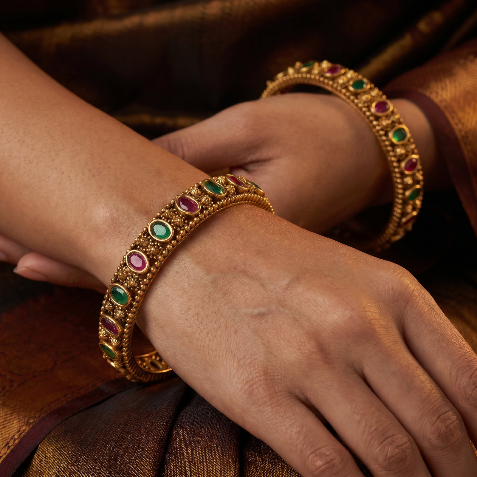 Royal Vine Antique Bangles with Circular Accent Layout and Ornamental Borders