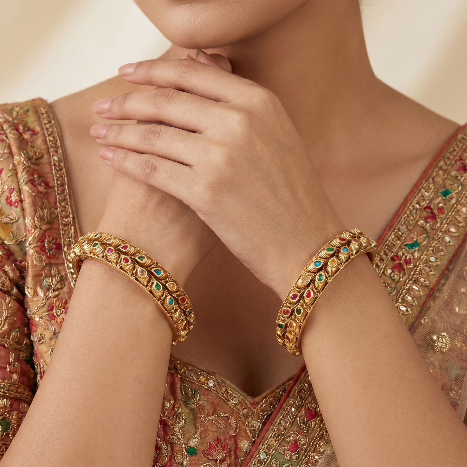 Floral Grid Antique Bangles with Round Accent Placement and Layered Borders