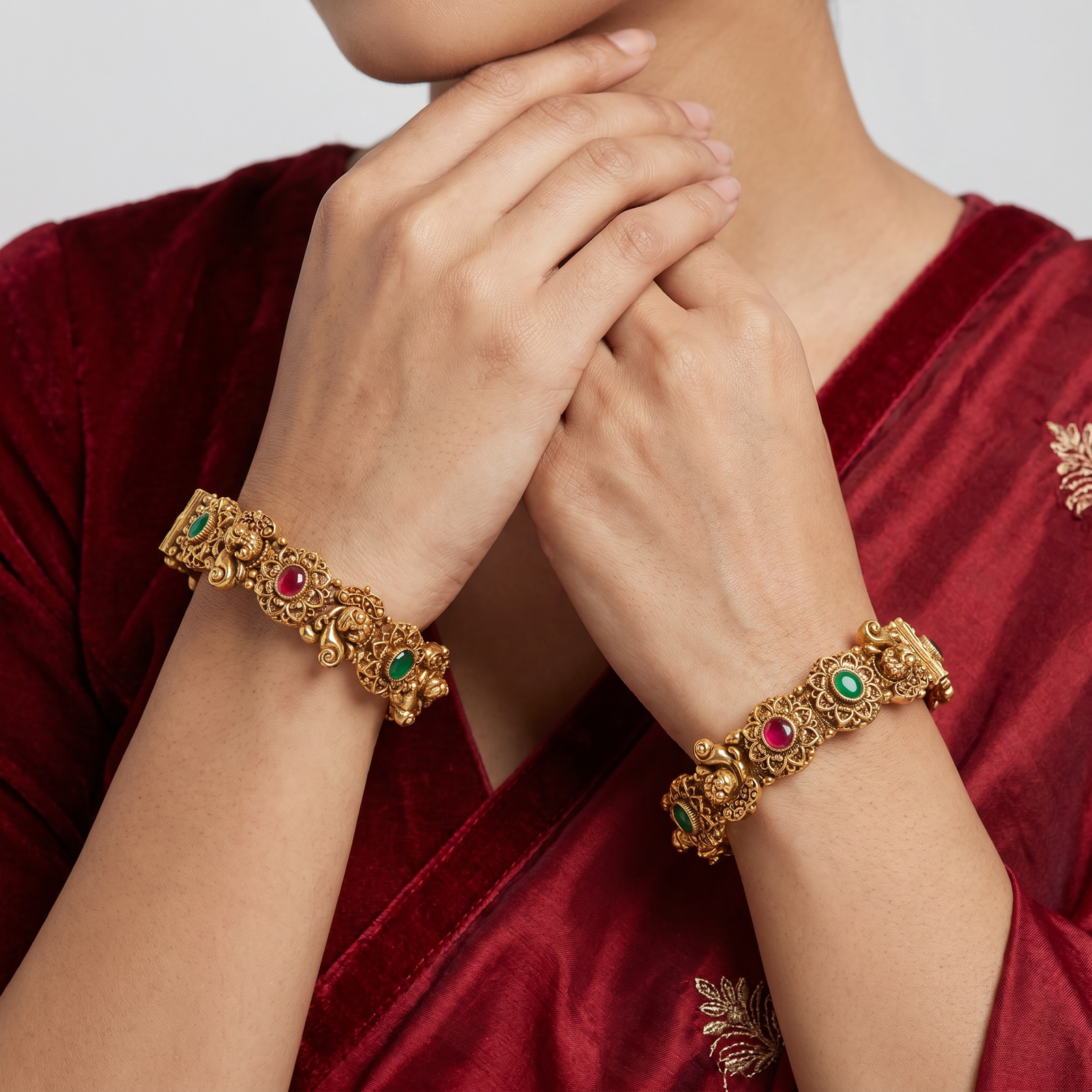 Lotus Curve Antique Bangles with Raised Floral Connectors and Border Work