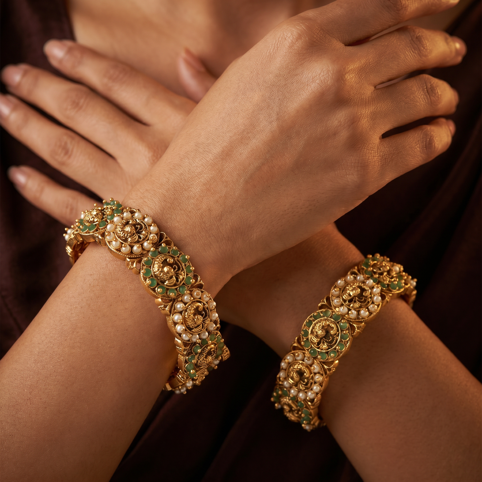 Peacock Antique Bangles with Circular Floral Frames and Pearl Border Detailing