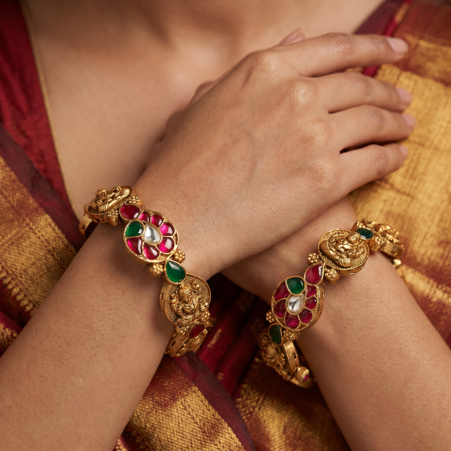 Royal Lakshmi Antique Bangles with Paisley Surface Pattern and Mesh Detailing