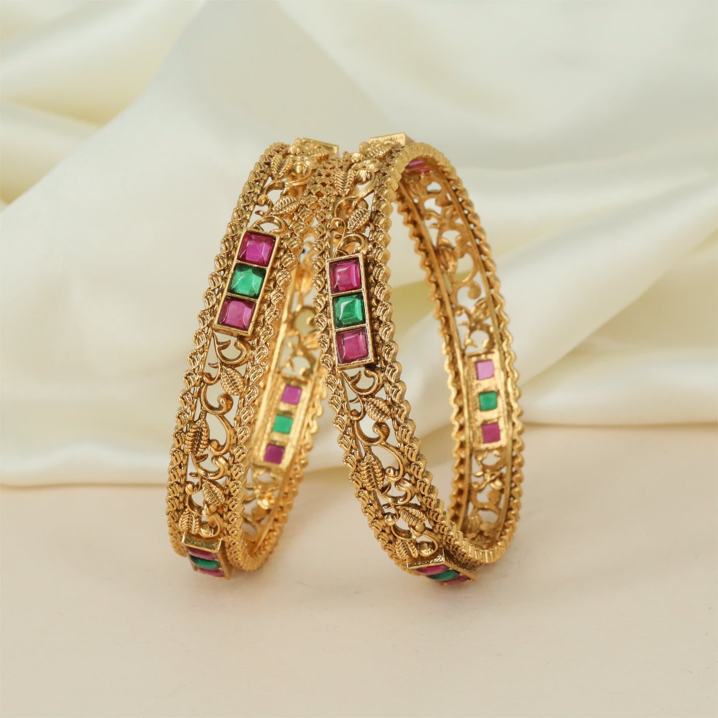Luxury Border Antique Bangles with Vine Cutwork and Structured Panel Frames