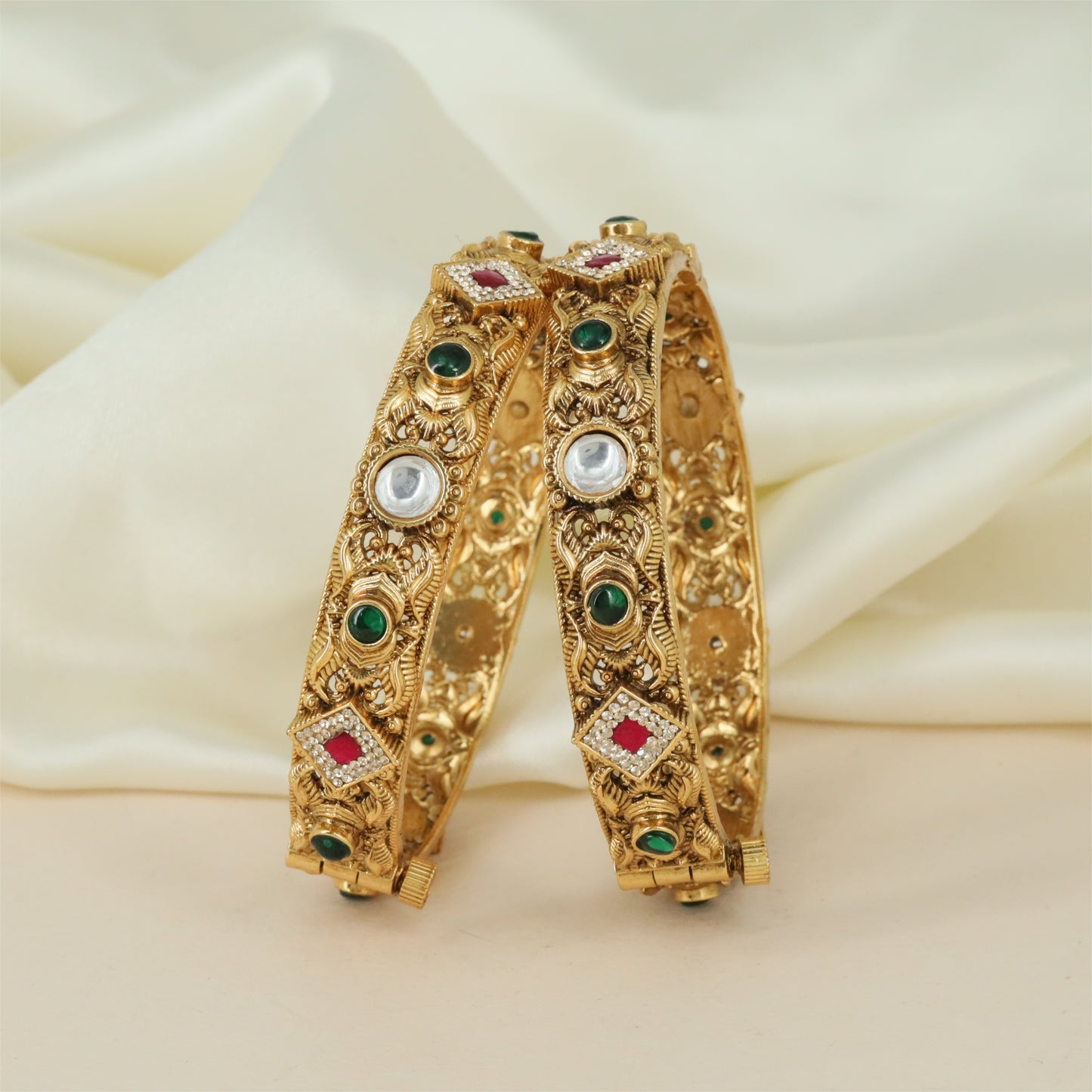 Vintage Mesh Antique Bangles with Floral Connectors and Structured Borders
