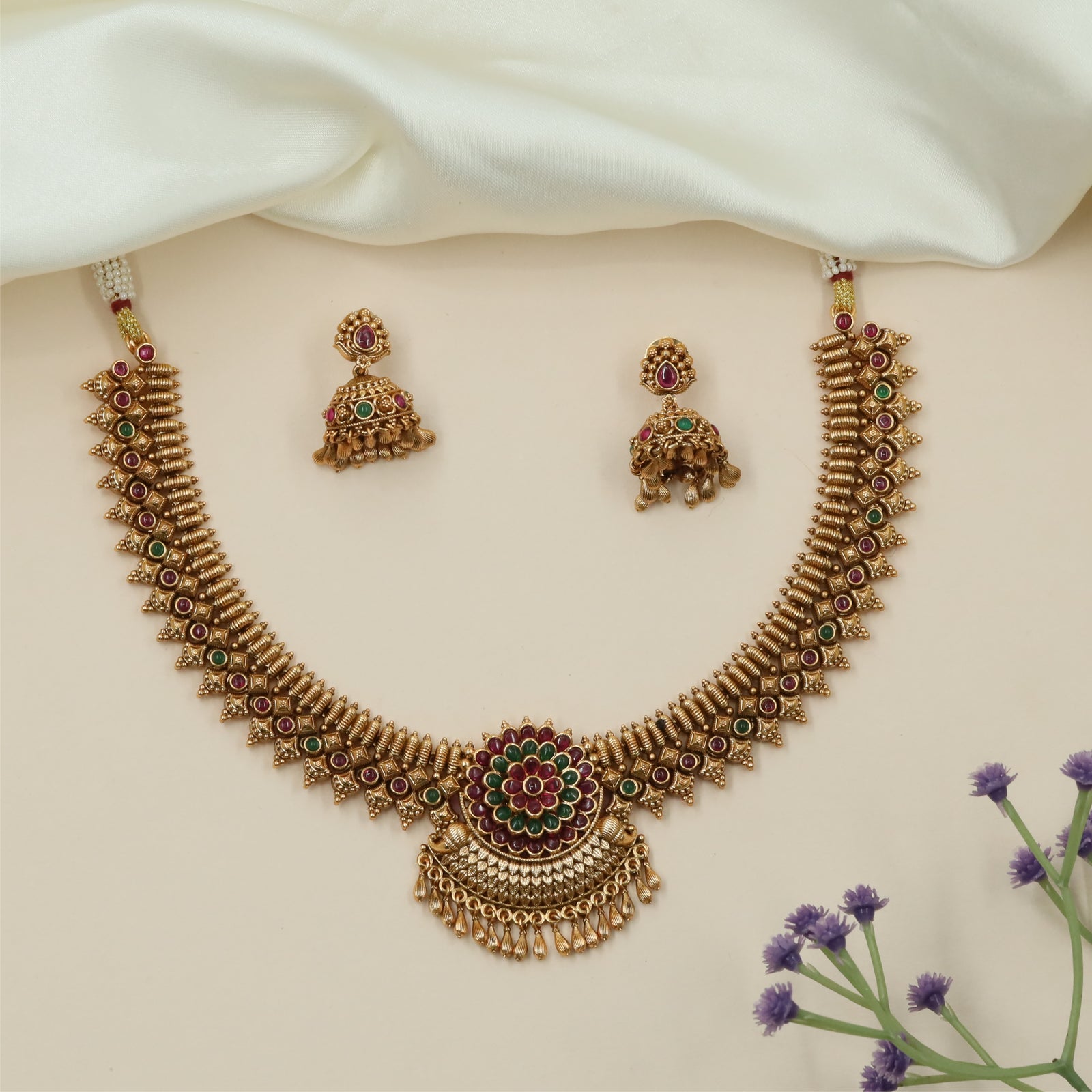 Prestige Floral Disc Antique Necklace with Traditional Fringe Layout