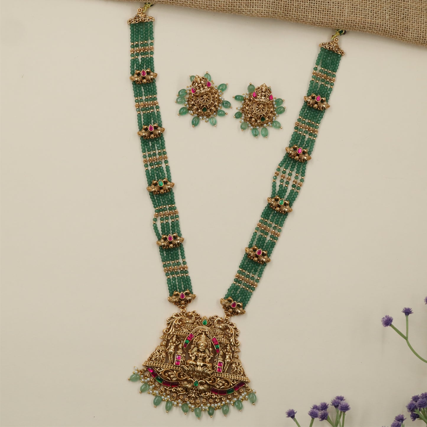 Layered Bead Antique Beads Long Haara with Lakshmi Pendant Detailing