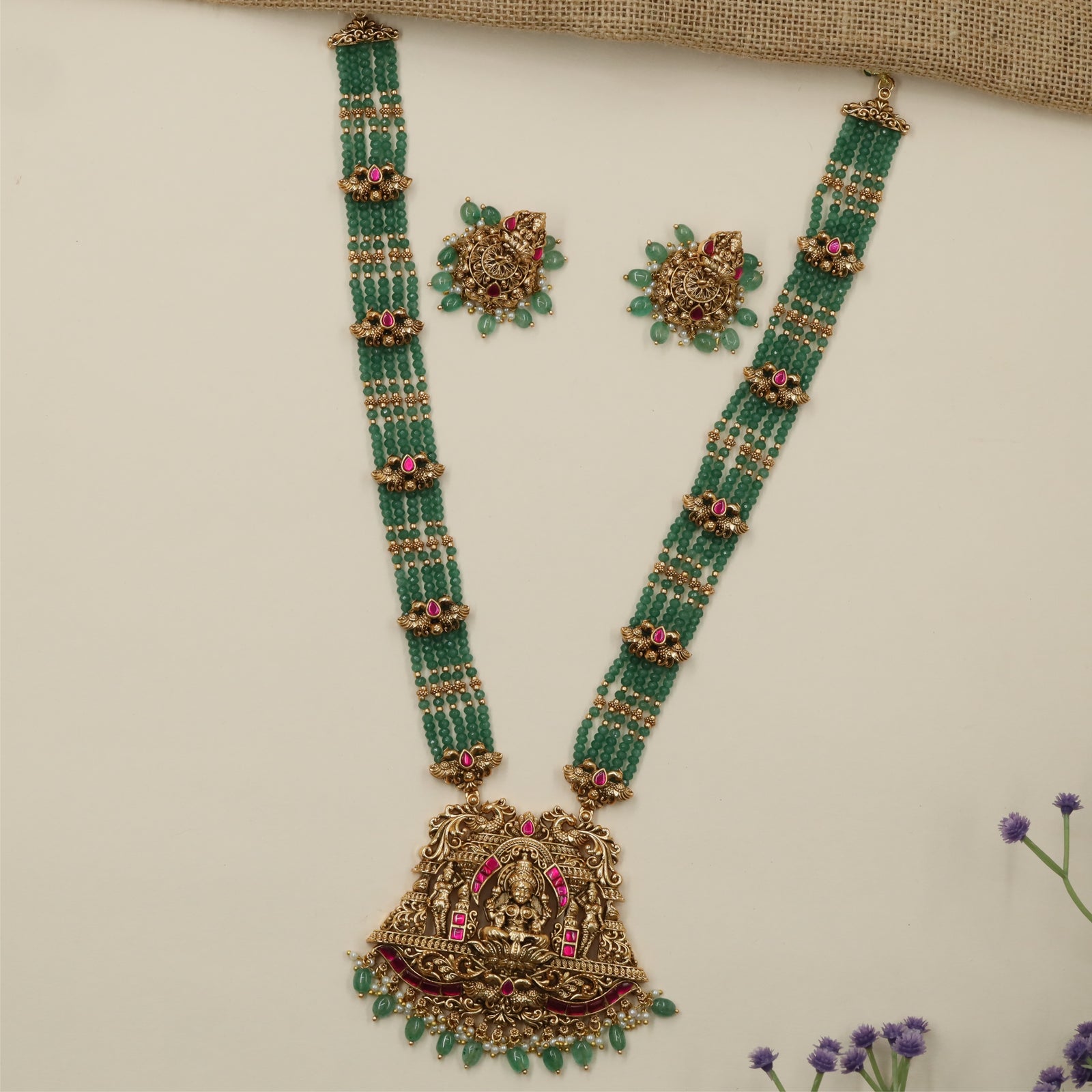Layered Bead Antique Beads Long Haara with Lakshmi Pendant Detailing