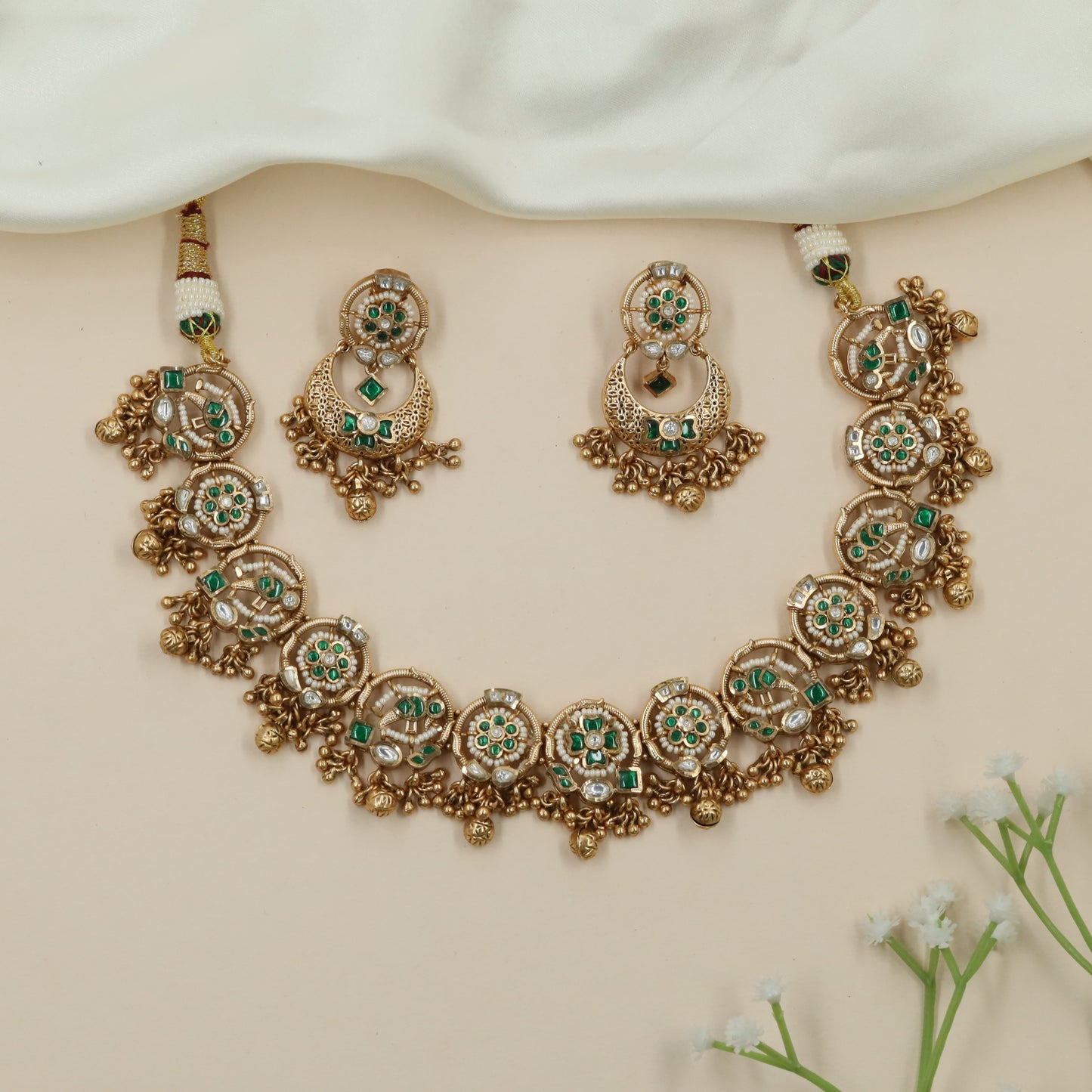 Lattice Border Kundan Necklace with Hanging Ball Clusters