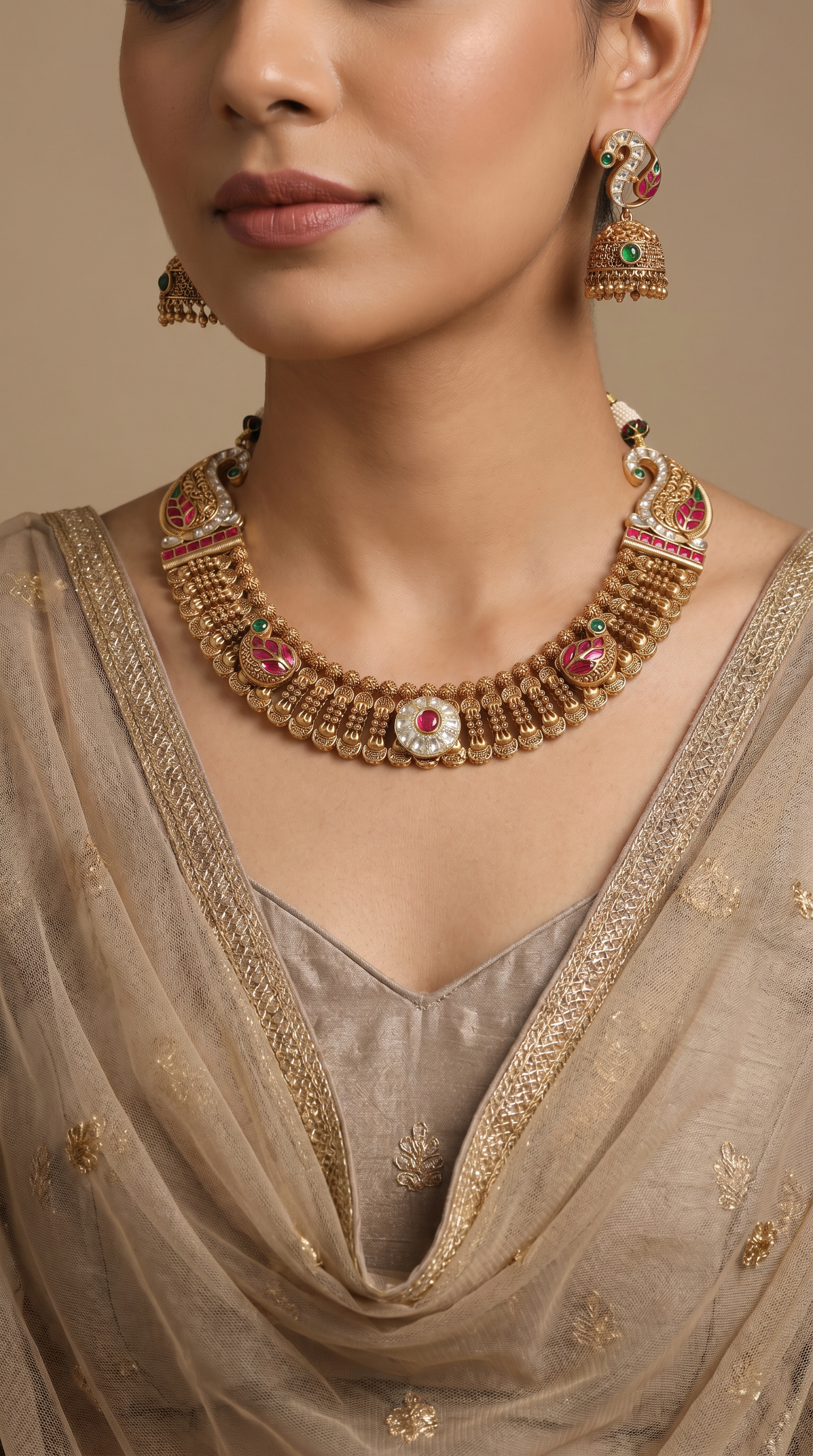 Dewline Paisley Kundan Necklace with Ribbed Link Rows