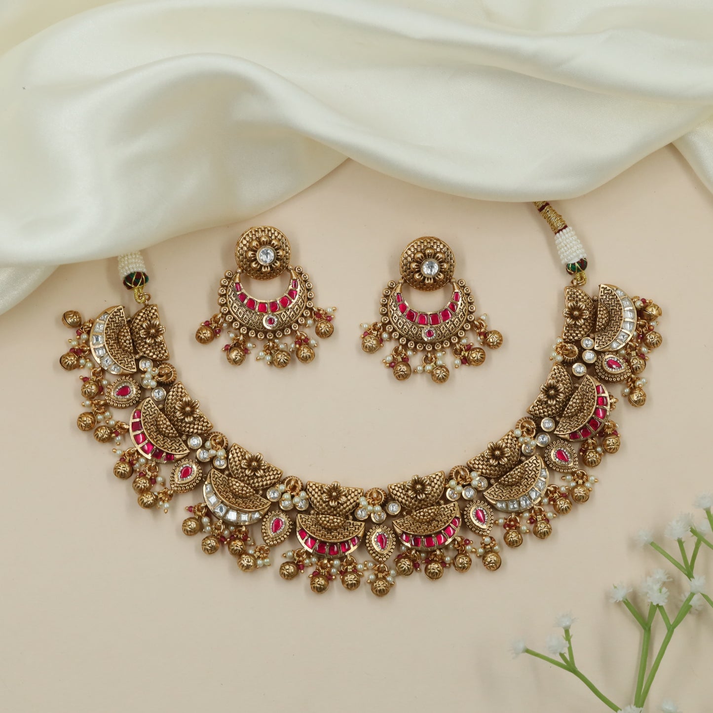 Aureole Fan Kundan Necklace with Hanging Ball Fringe
