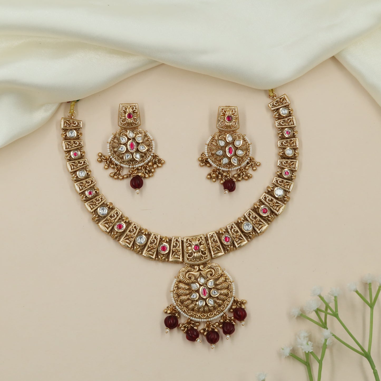 Jewelcrest Tile Kundan Necklace with Layered Bead Drops