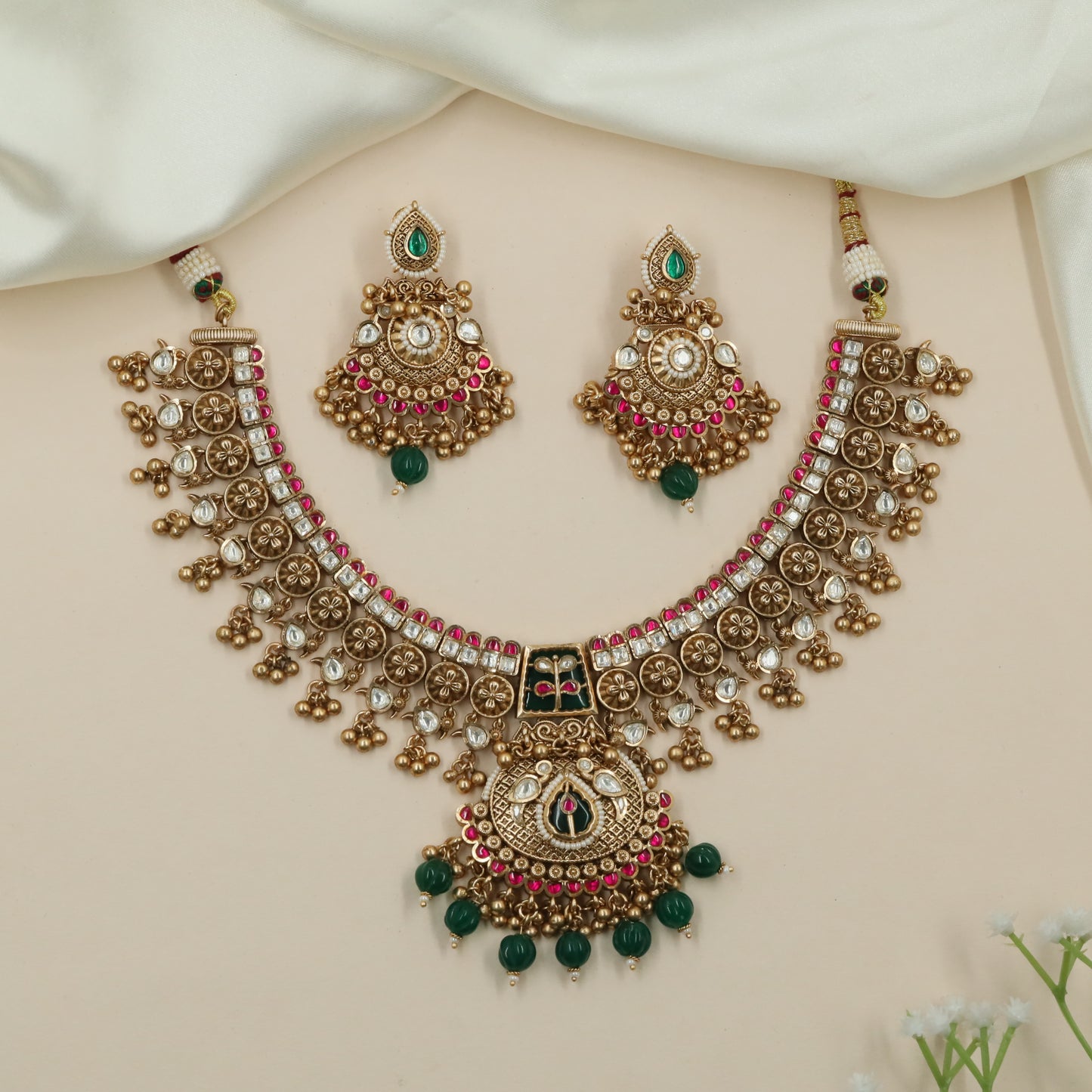 Premium Archline Kundan Necklace with Side Drop Clusters and Broad Centerpiece