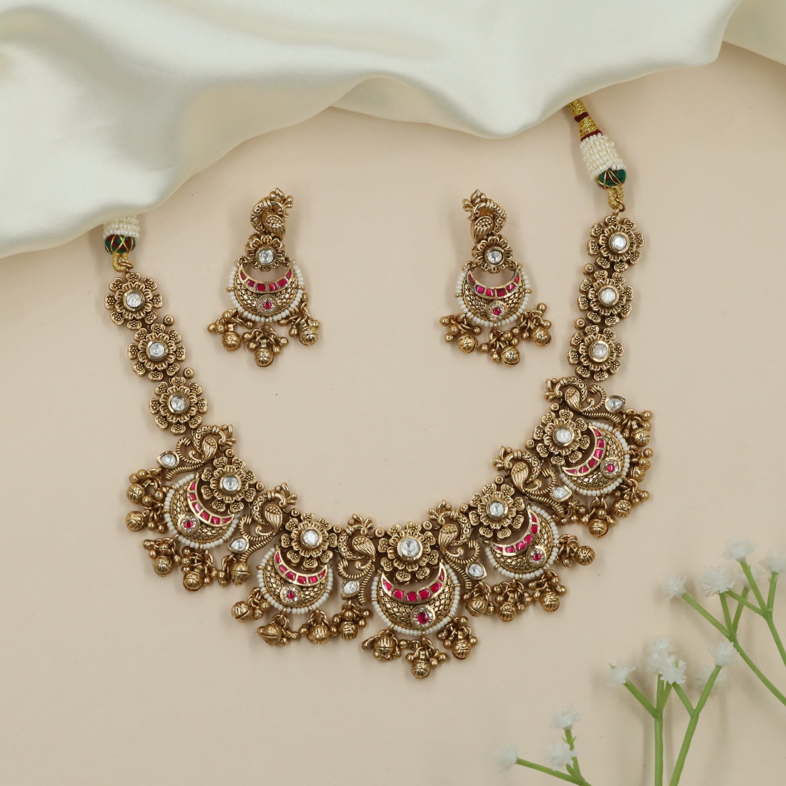 Glowscroll Kundan Necklace with Hanging Ball Clusters