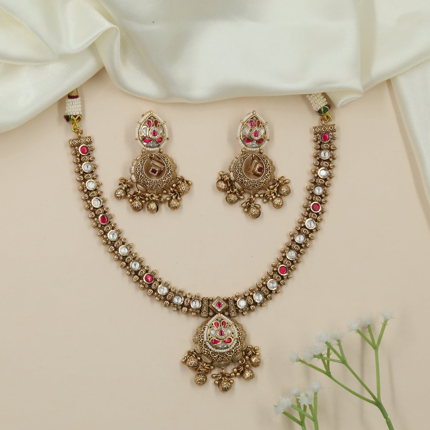 Temple Border Kundan Necklace with Hanging Tassels