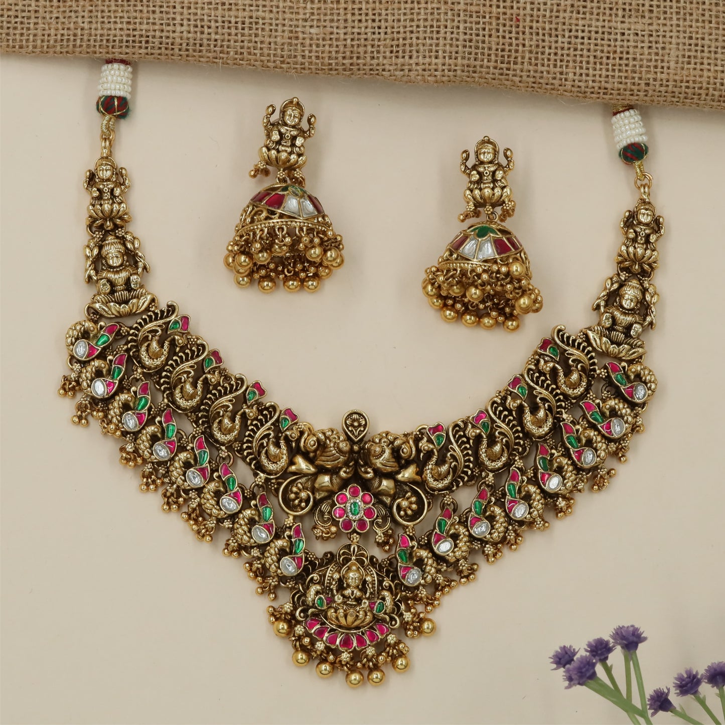 Temple Lakshmi Peacock Antique Necklace Set