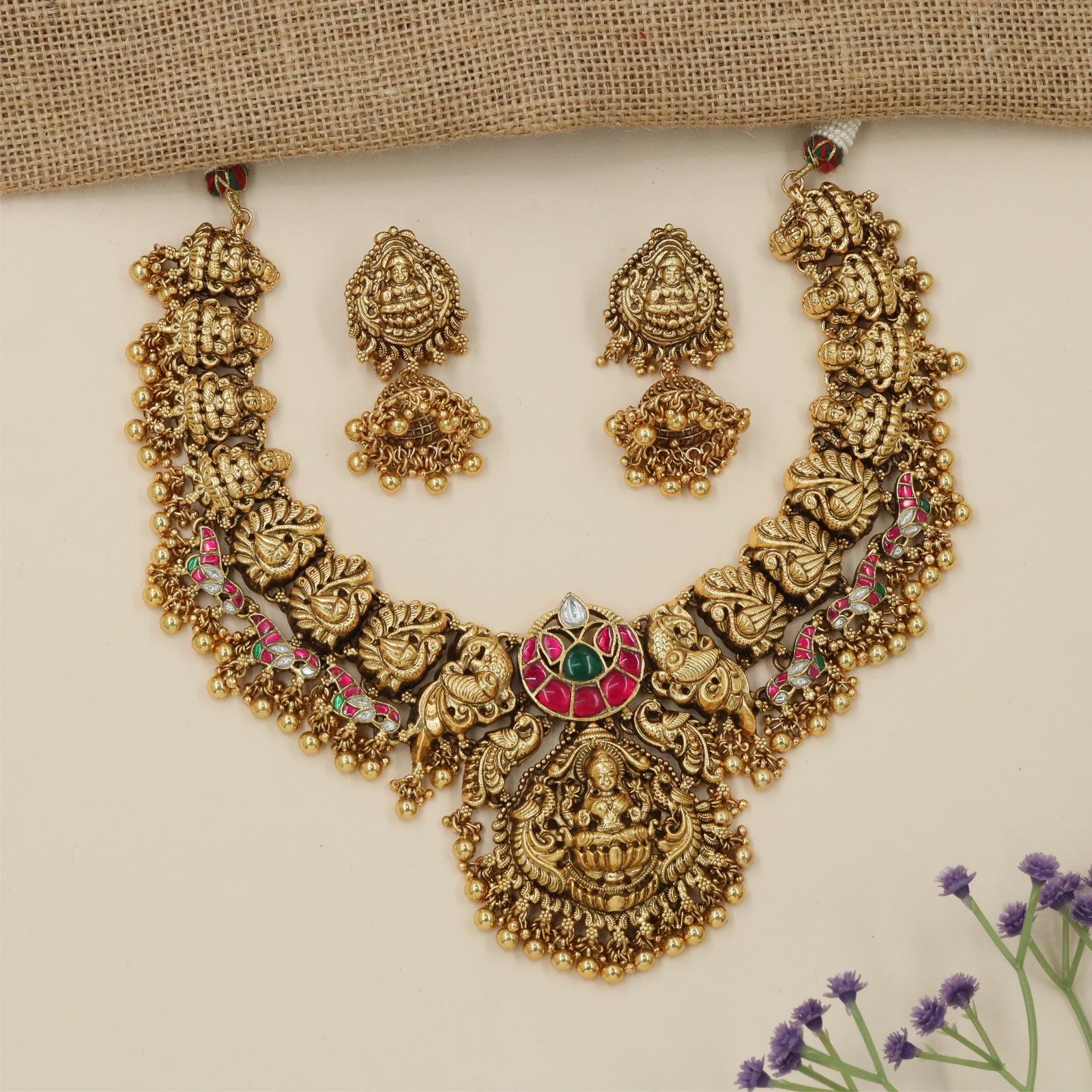 Lakshmi Peacock Carving Necklace with Hanging Fringe Borders