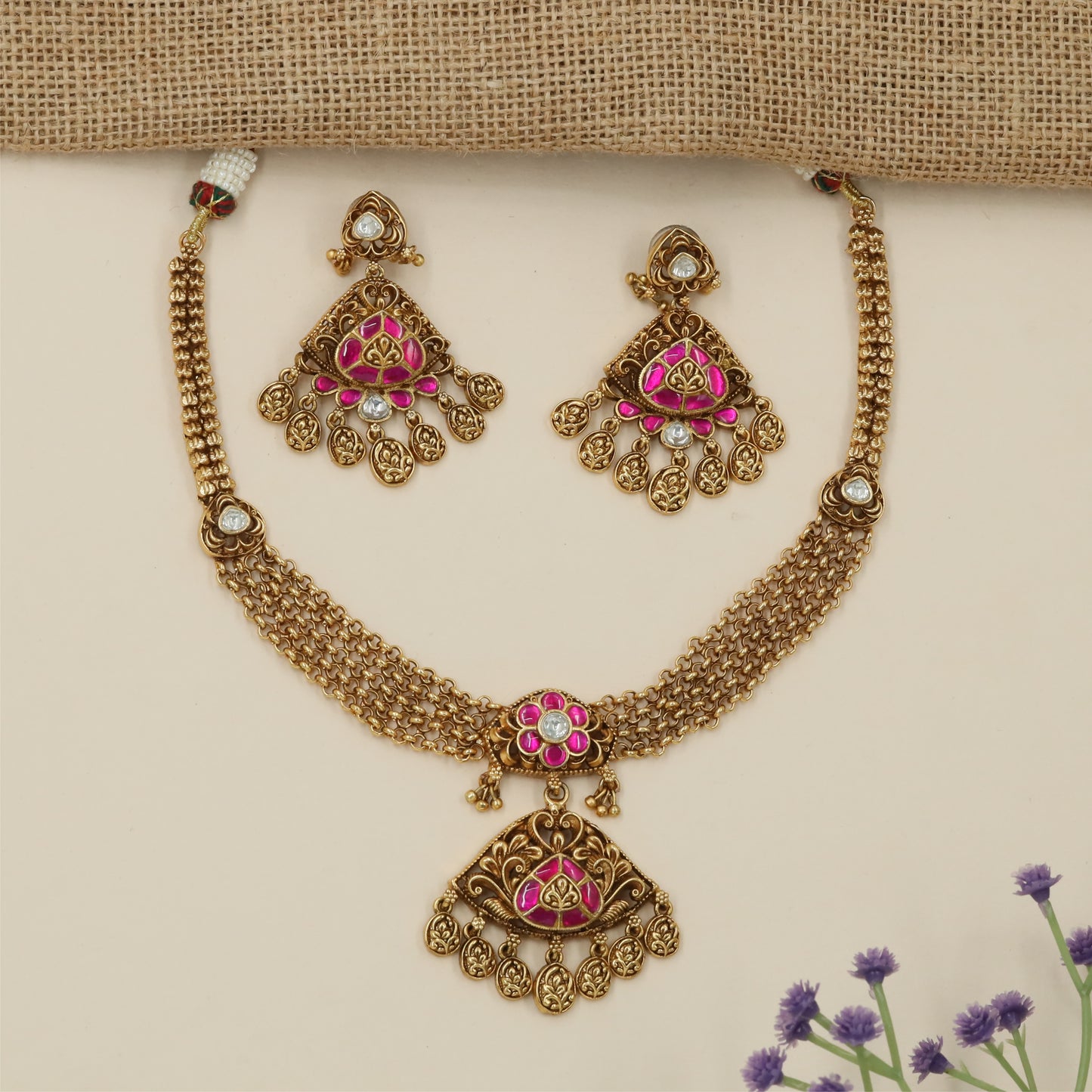 Granulated Floral Antique Necklace with Ornamental Fringe Pendant