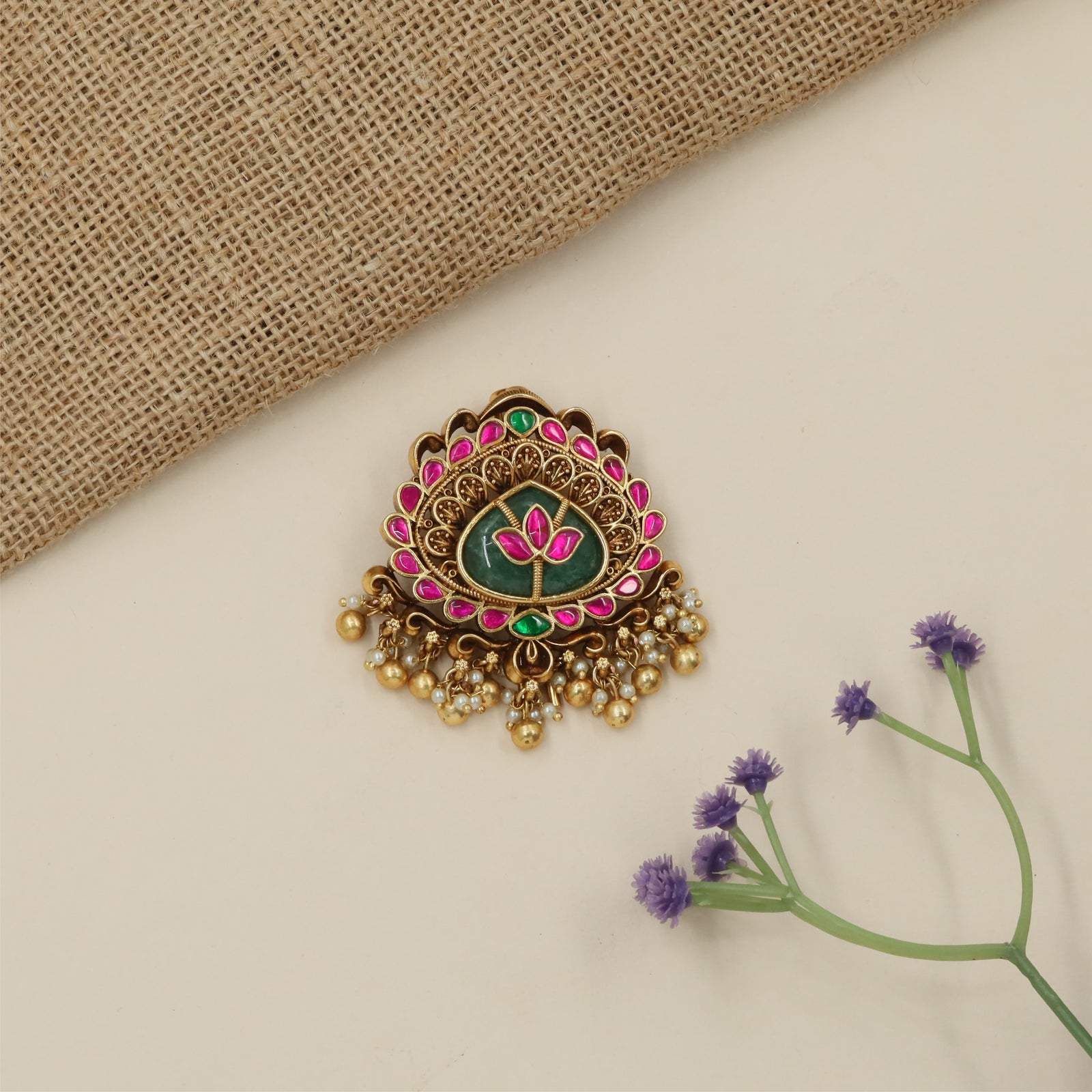Signature Floral Frame Antique Jade Bille with Decorative Dropwork