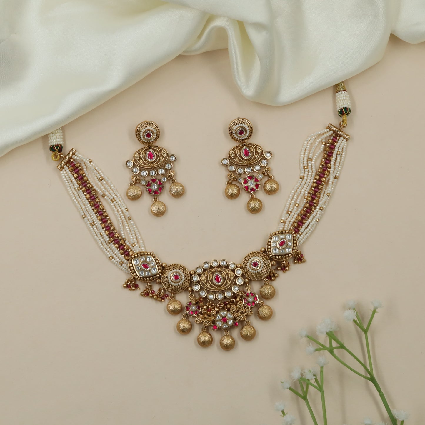 Drape Pearl Kundan Choker with Floral Connector Detailing