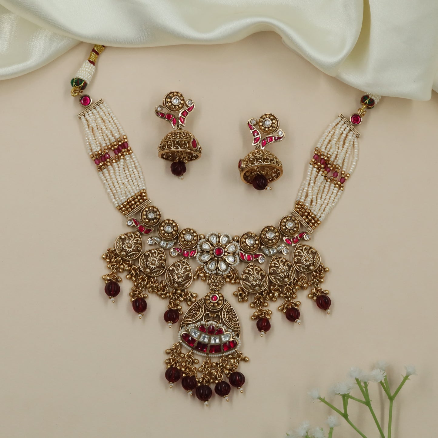 Jumka Fringe Kundan Pearl Choker with Floral Connector Panels