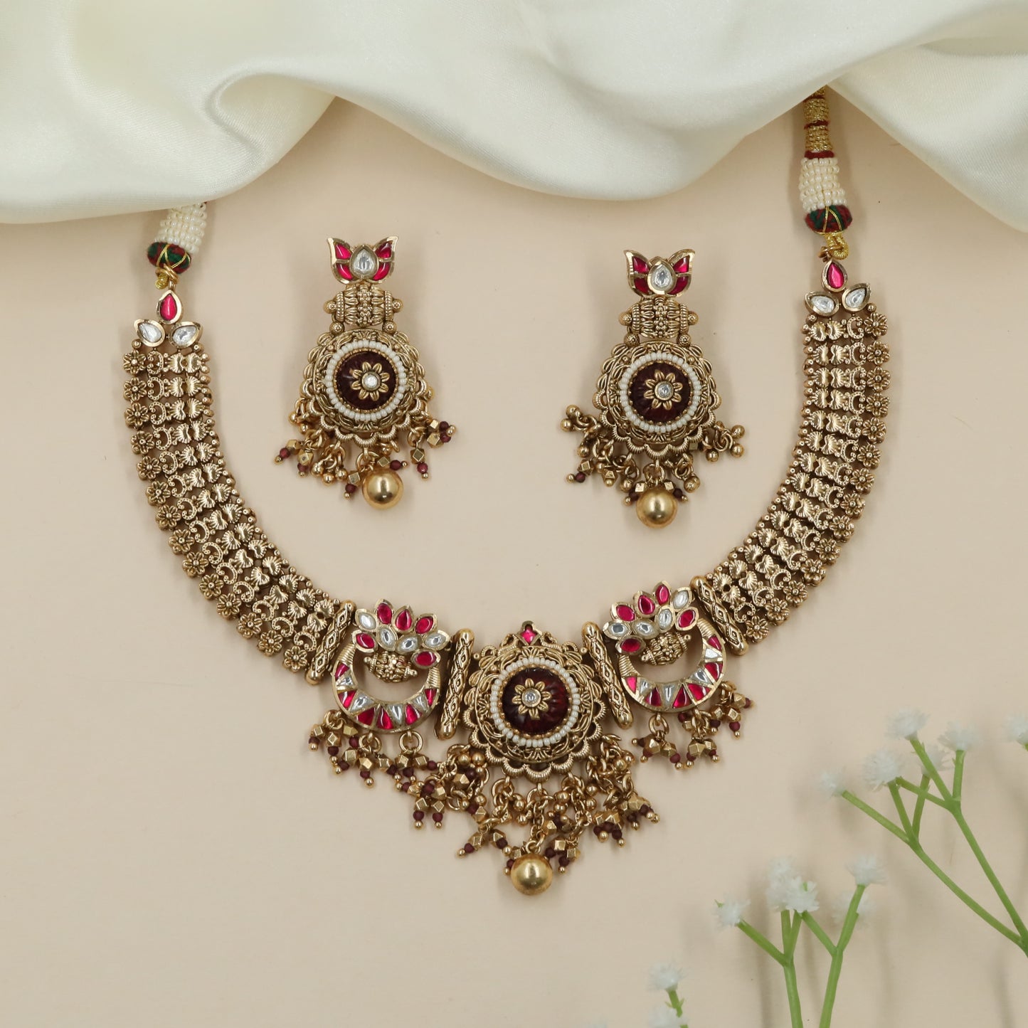 Floral Border Kundan Necklace with Dense Hanging Fringe