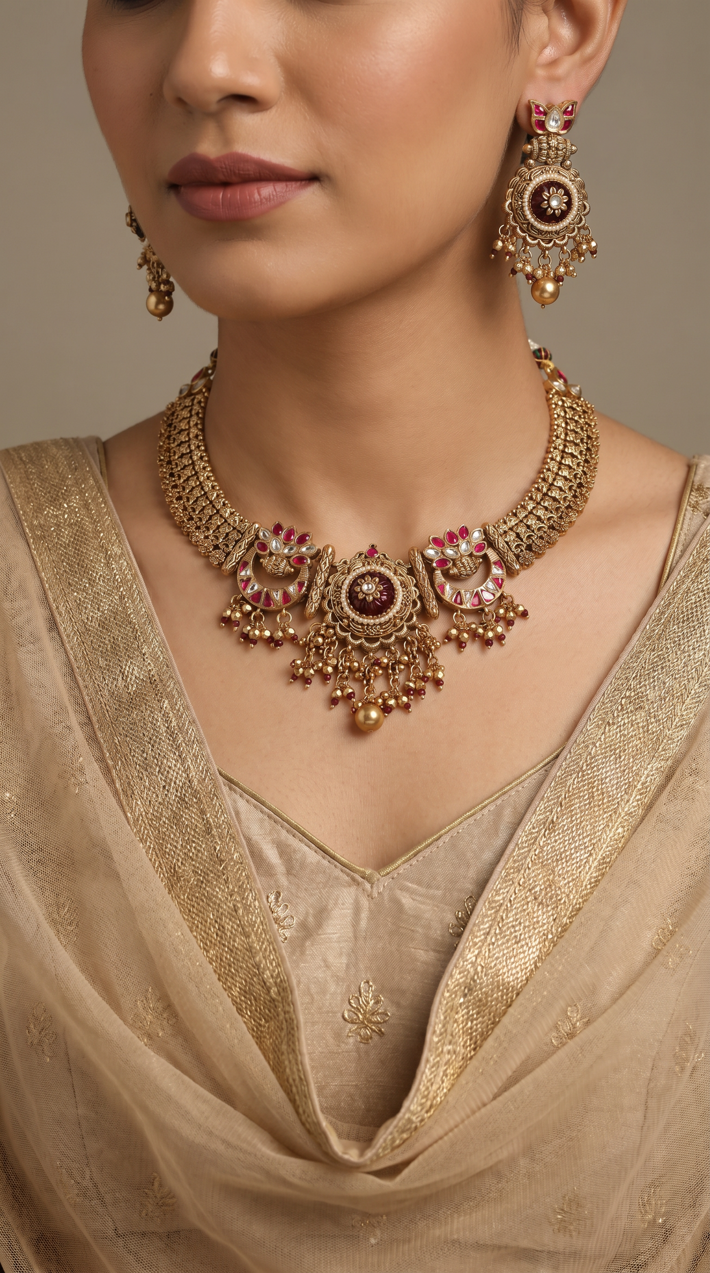 Floral Border Kundan Necklace with Dense Hanging Fringe