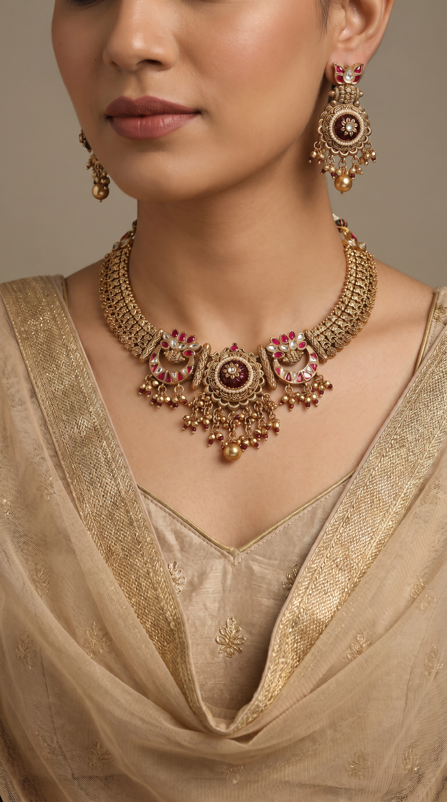 Floral Border Kundan Necklace with Dense Hanging Fringe