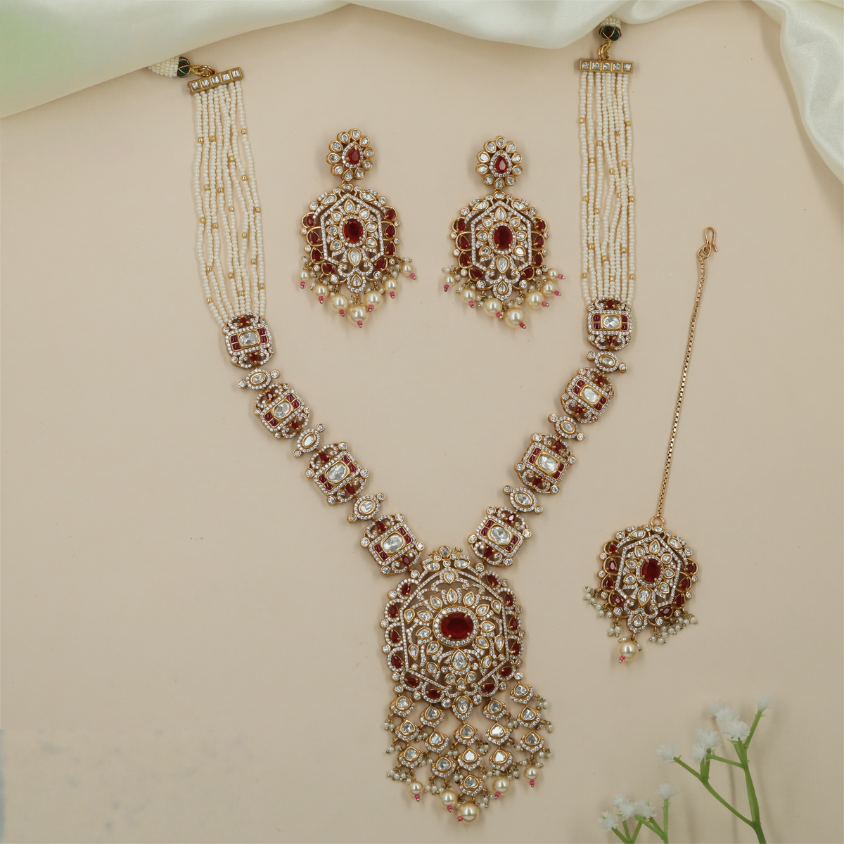 Hexa Border Kundan Pearl Long Haara with Rectangular Connector Panels