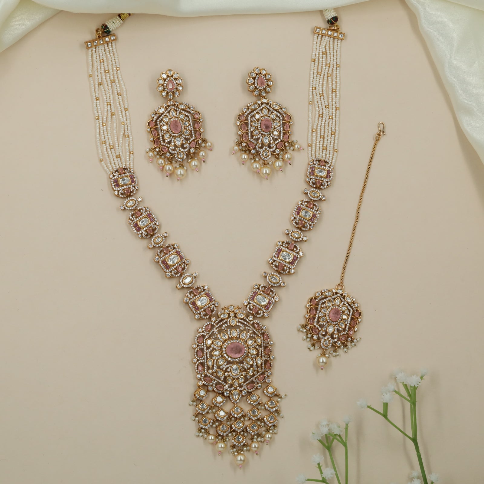 Hexa Border Kundan Pearl Long Haara with Rectangular Connector Panels