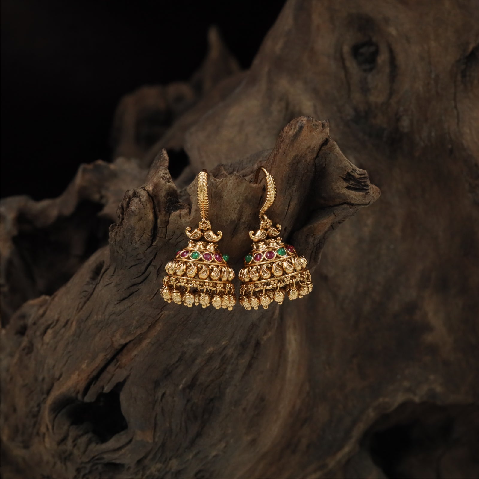 Temple antique jumka with ornate bead clusters