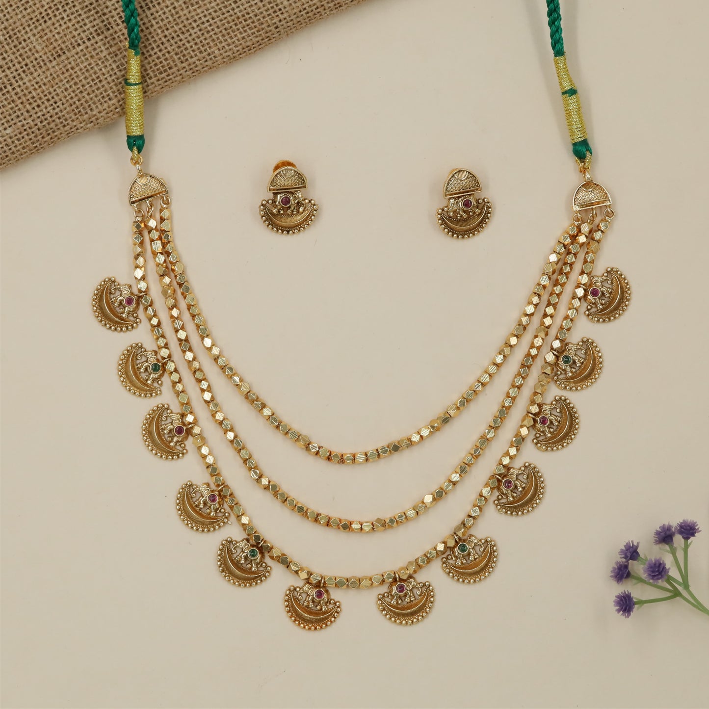 Multi Layer Antique Necklace with Sculpted Crescent Arrangement