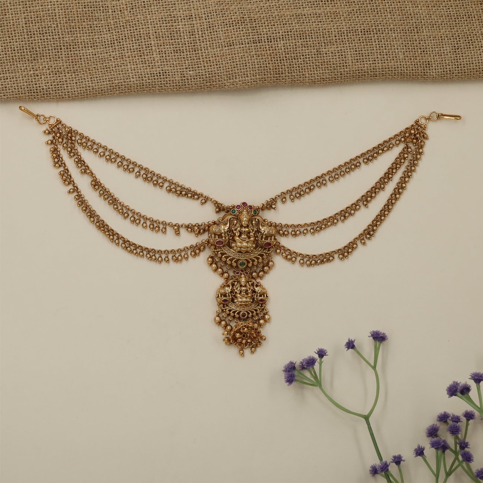 Grandeur Lakshmi Border Antique Jade Bille Mati with Multi Strand Layout