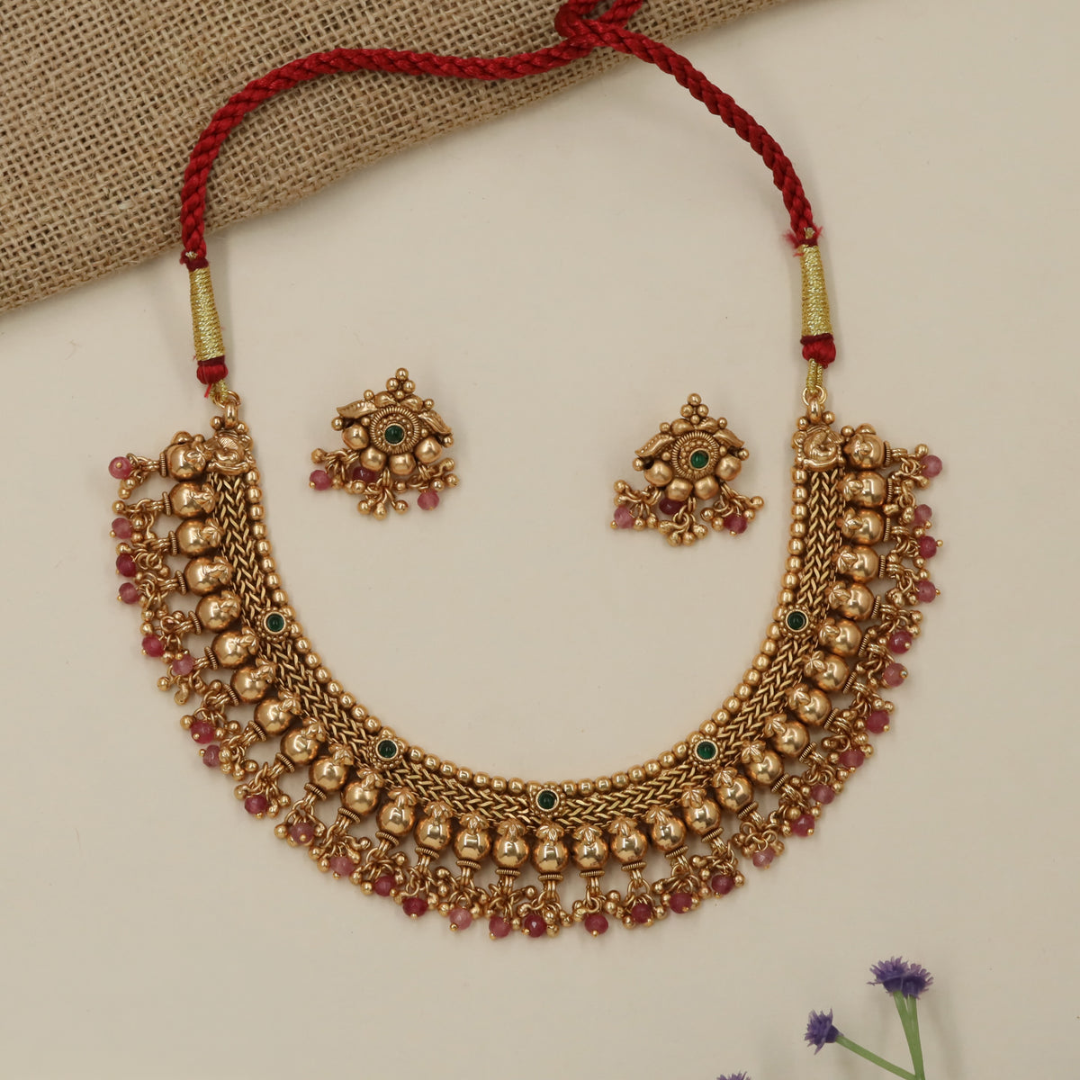 Intricate Braided Antique Necklace with Dense Beaded Texture