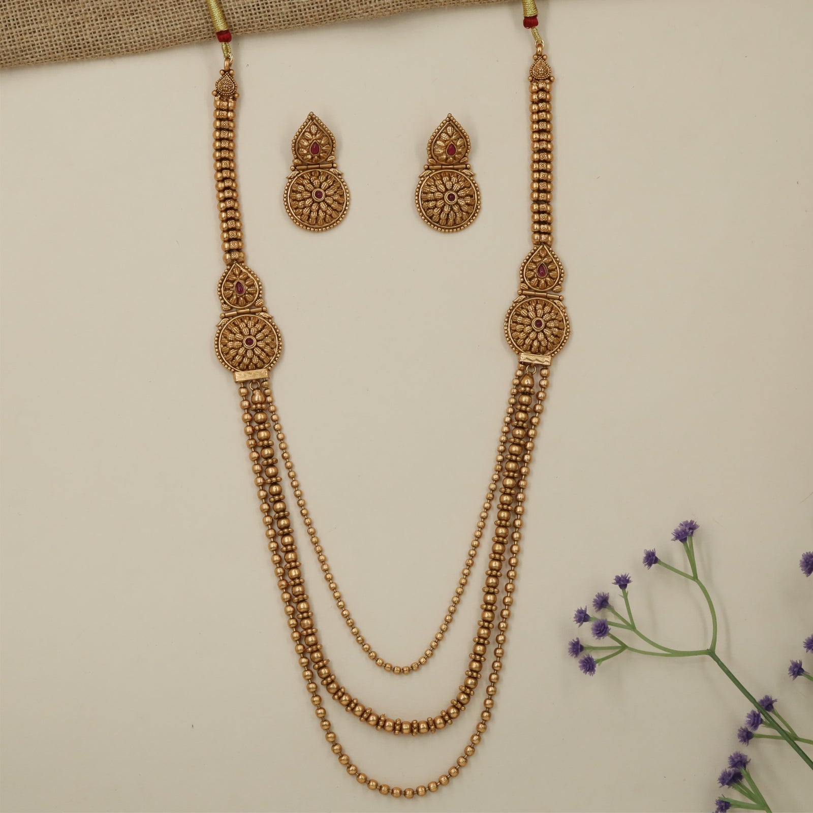Designer Floral Pendant Antique Long Haara with Triple Chain Styling