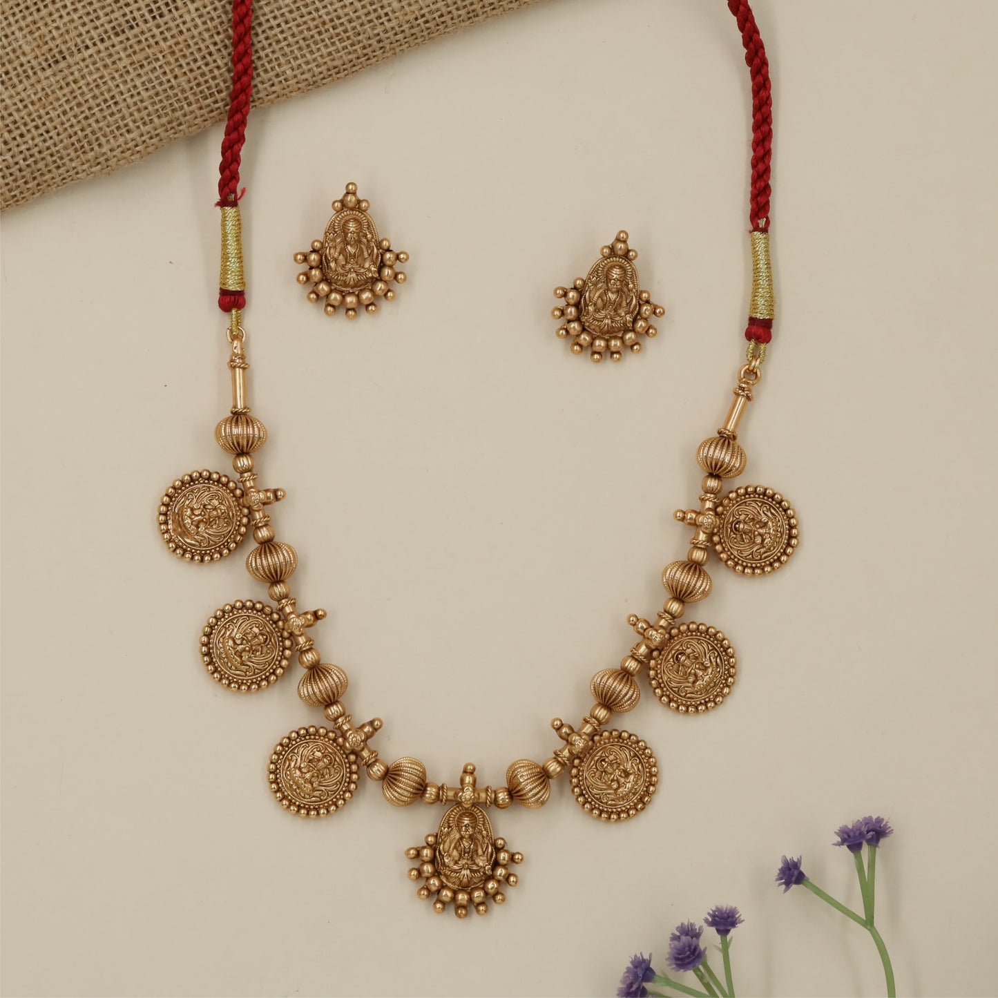 Linked Coin Pattern Antique Necklace with Temple Inspired Styling